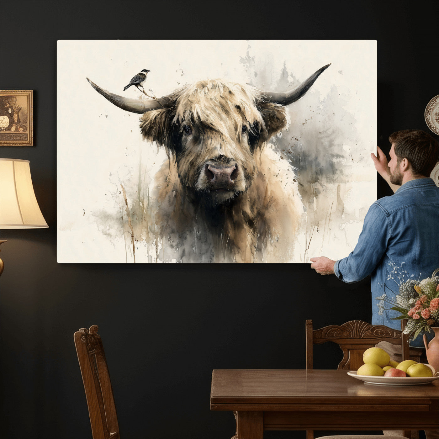 98249290-MGV-CV-36X24 - Abstract Highland Cow Watercolor Animal Wall Art Canvas Print, Rustic Farm Cattle Portrait Canvas Print, Neutral Wildlife Farmhouse Art Printing