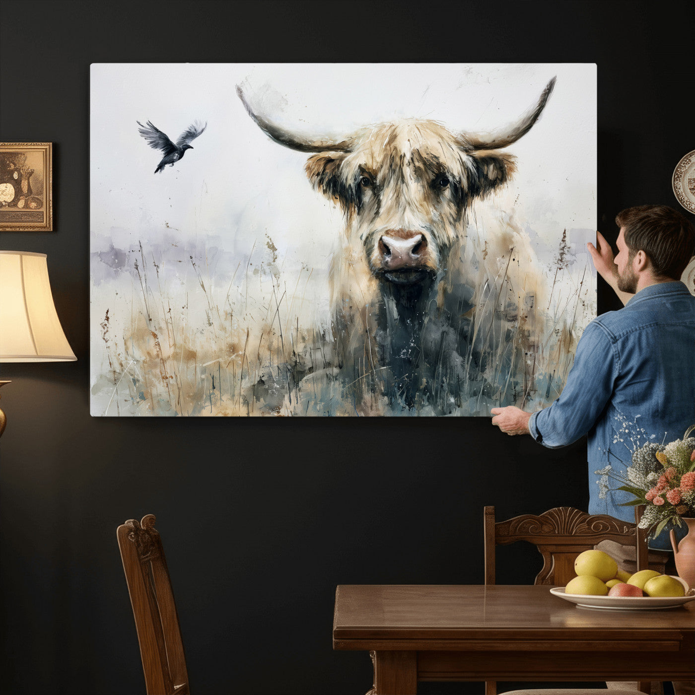 55652651-MGV-CV-36X24 - Abstract Highland Cow Watercolor Animal Wall Art Canvas Print, Rustic Farm Cattle Portrait Canvas Print, Neutral Wildlife Farmhouse Art Printing