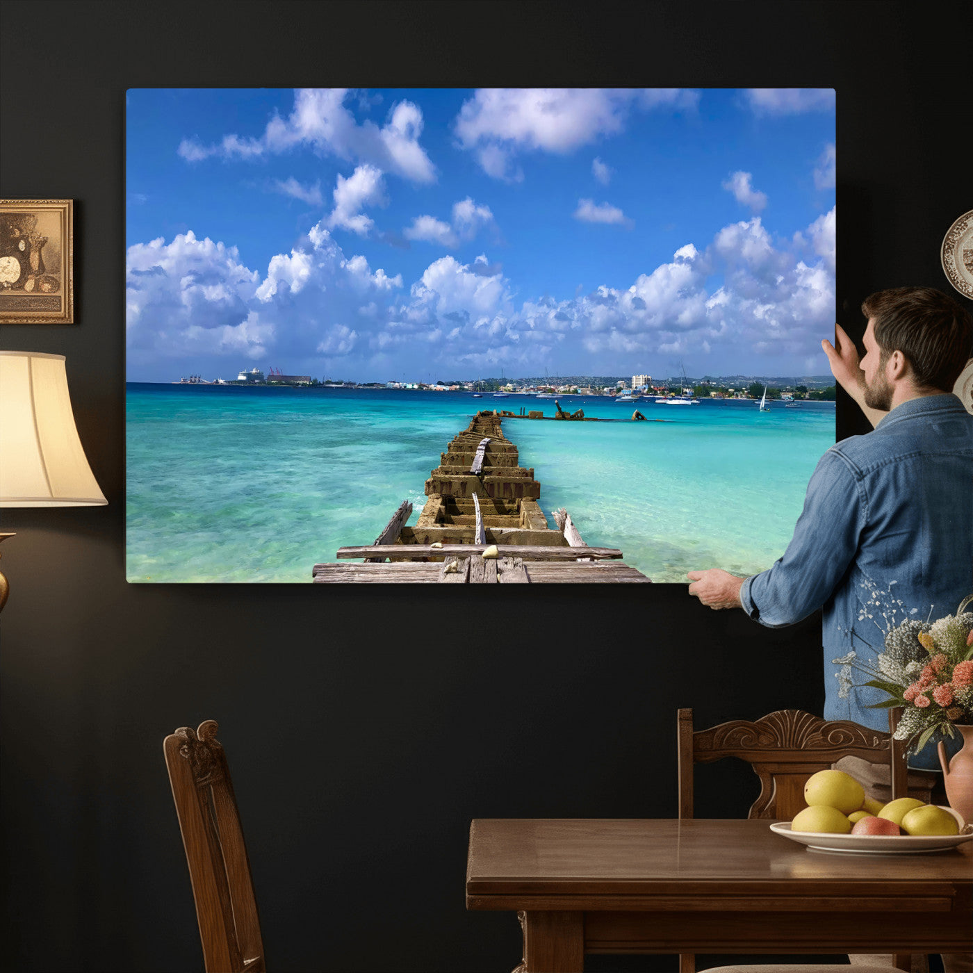 43165024-MGV-CV-36X24 - Caribbean Ocean Pier Seascape Wall Art Canvas Print, Turquoise Sea Tropical Harbor Canvas Print, Island Coastal Blue Water Scenic Art Printing