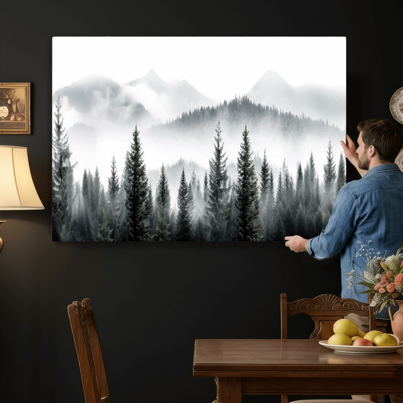 38819032-MGV-CV-36X24 - Misty Pine Forest Mountain Landscape Wall Art Canvas Print, Foggy Evergreen Trees Minimal Nature Canvas Print, Monochrome Wilderness Scenic Art Printing