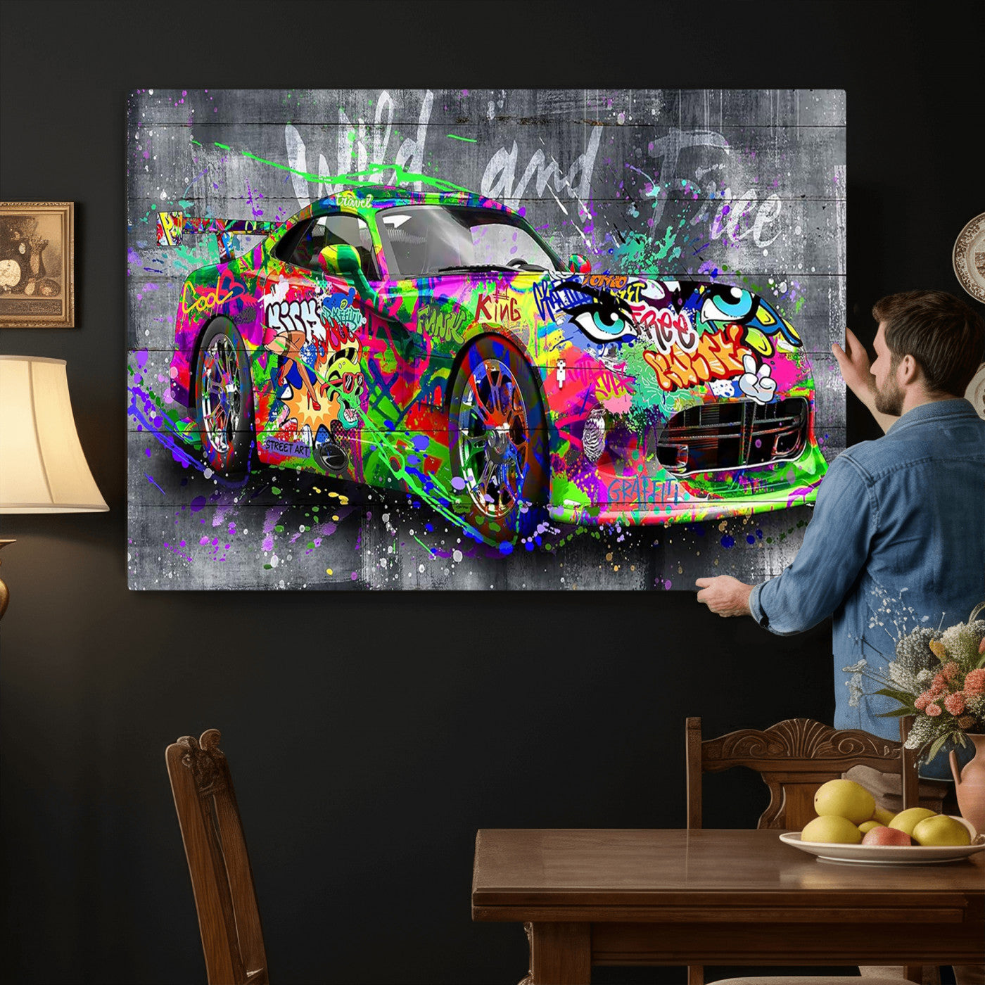 95314968-MGV-CV-36X24 - Graffiti Sports Car Street Art Wall Art Canvas Print, Colorful Urban Supercar Pop Art Canvas Print, Modern Graffiti Car Contemporary Art Printing
