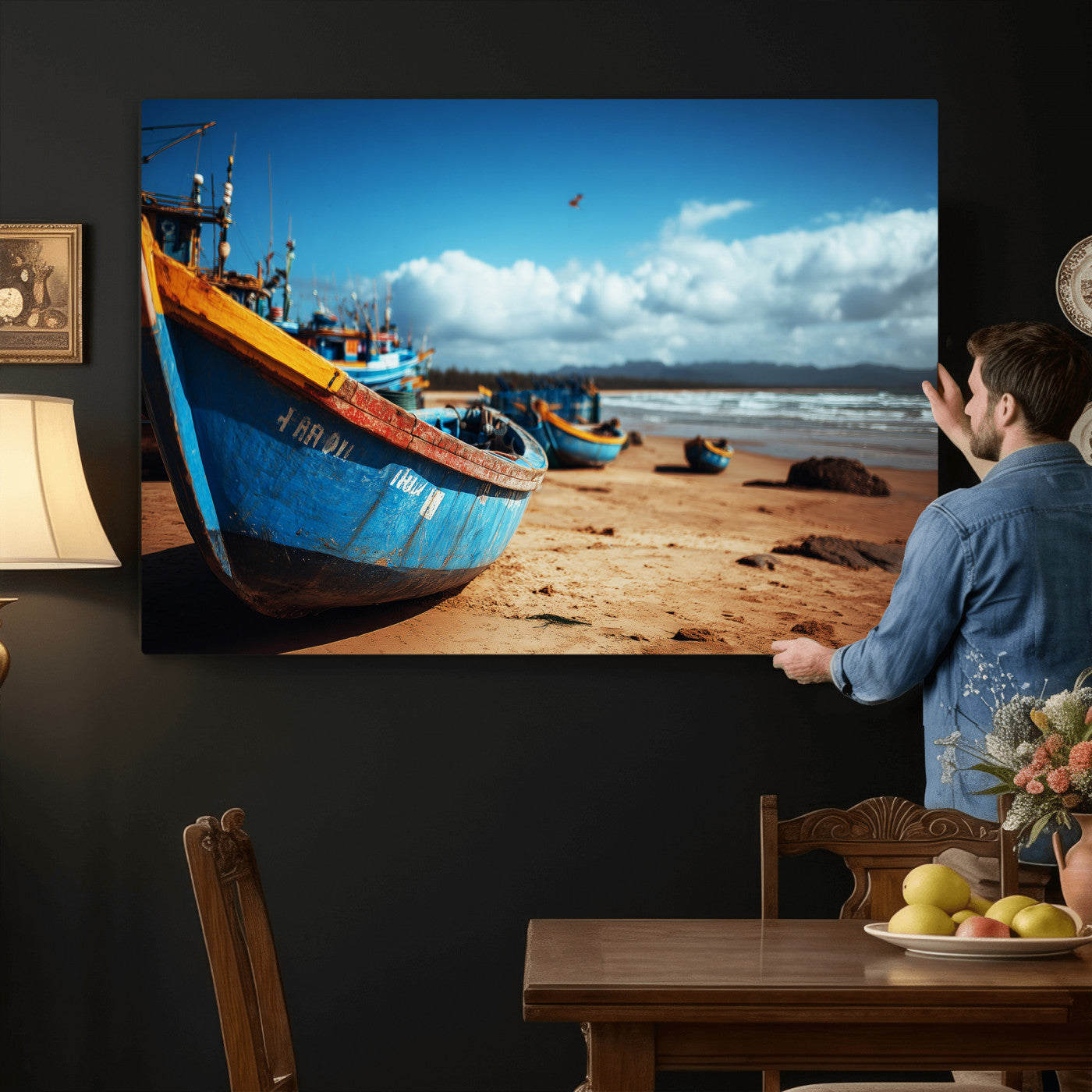 70925201-MGV-CV-36X24 - Fishing Boats Wall Art Canvas Print, Coastal Boat Beach Scene, Nautical Seaside Artwork, Ocean Shore Decor, Coastal Home Wall Art