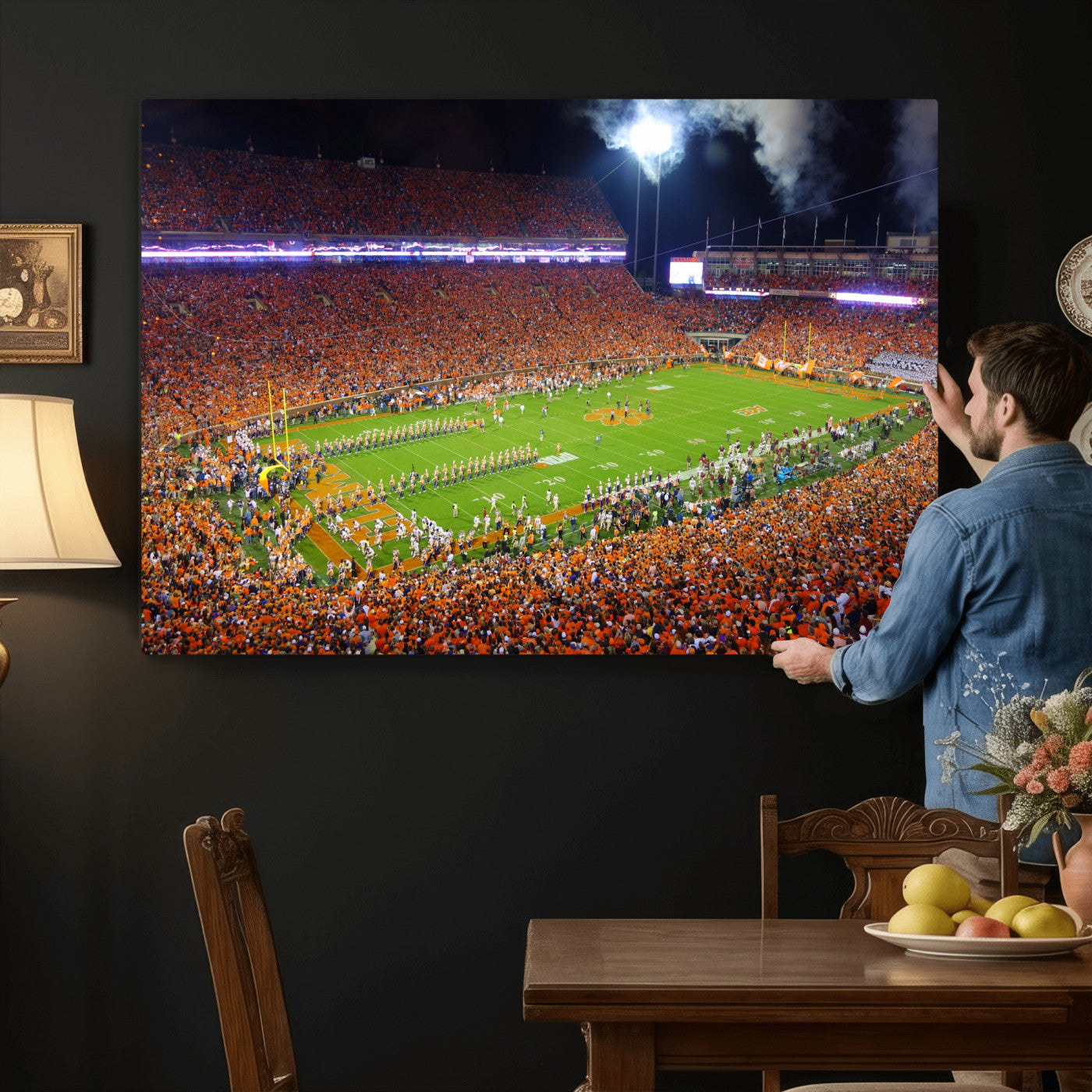 43662631-MGV-CV-36X24 - Clemson Football Stadium Wall Art Canvas Print, College Football Crowd Night Game Scene, Orange Stadium Panorama Wall Decor