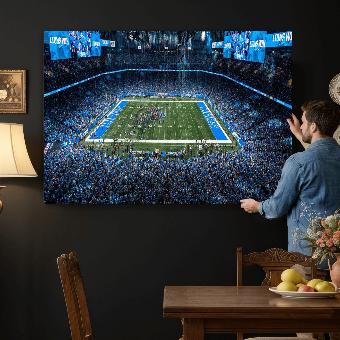 80882005-MGV-CV-36X24 - Detroit Lions Stadium Wall Art Canvas Print, Football Field Panorama Artwork, NFL Game Night Stadium Decor