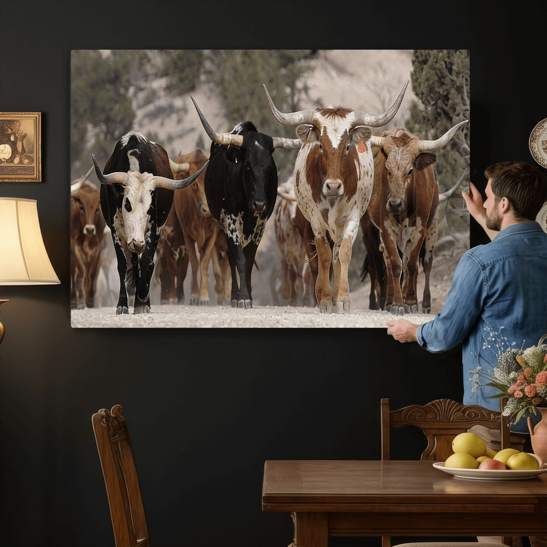 Western Longhorn Herd Wall Art Canvas Print, Sepia Ranch Scene