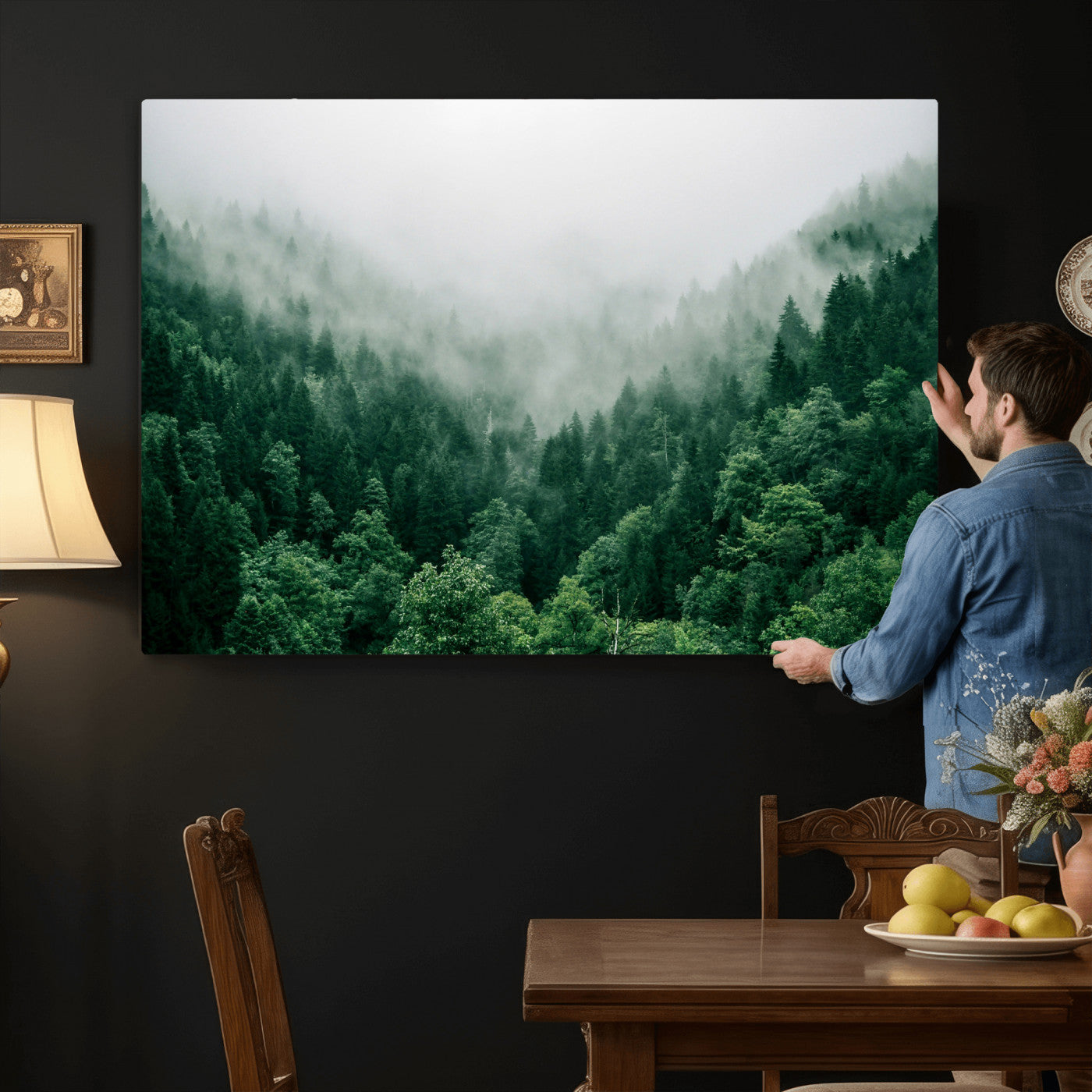61640815-MGV-CV-36X24 - Misty Pine Forest Wall Art Canvas Print, Foggy Evergreen Landscape Wall Decor, Moody Green Nature Artwork, Minimal Forest Canvas Wall Art, Framed Canvas Wall Art Ready to Hang