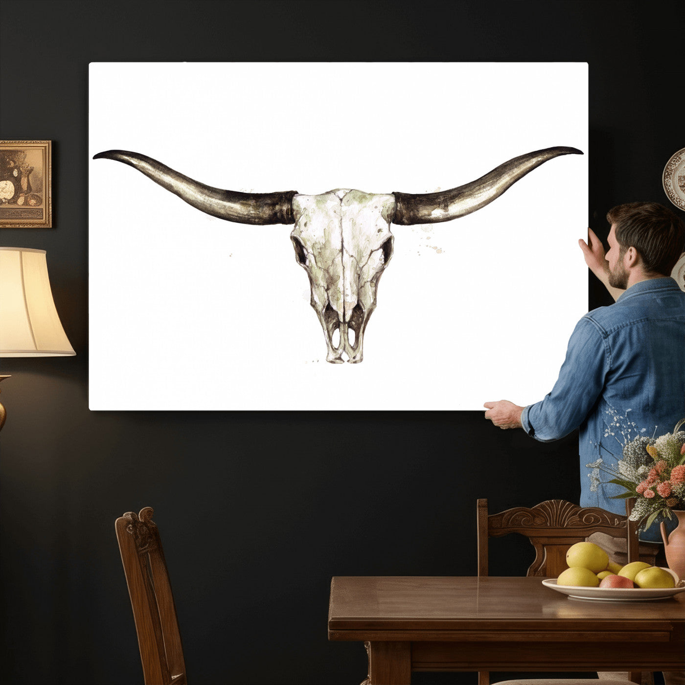 42788678A-MGV-CV-36X24 - Longhorn Skull Wall Art Canvas Print – Rustic Western Artwork Print for Living Room Wall Decor