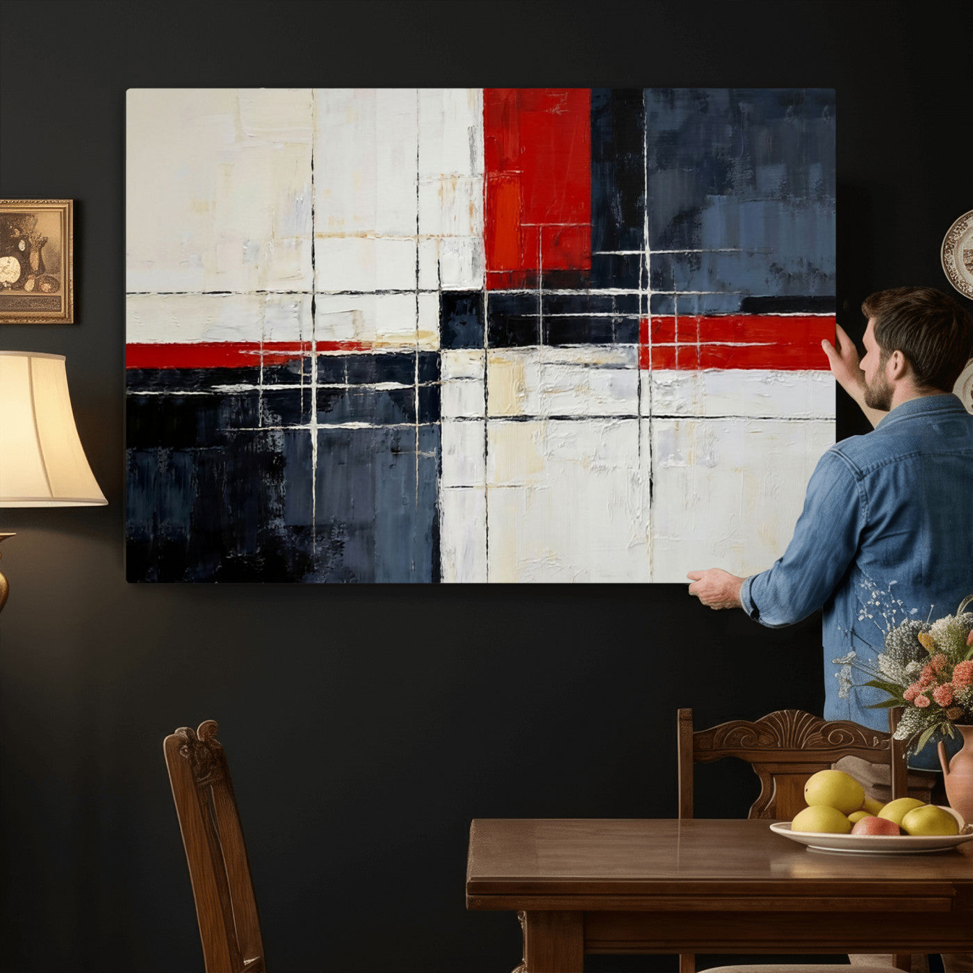 44088165-MGV-CV-36X24 - Navy Red Abstract Wall Art Canvas Print, Modern Luxury Geometric Painting Wall Decor for Living Room and Office