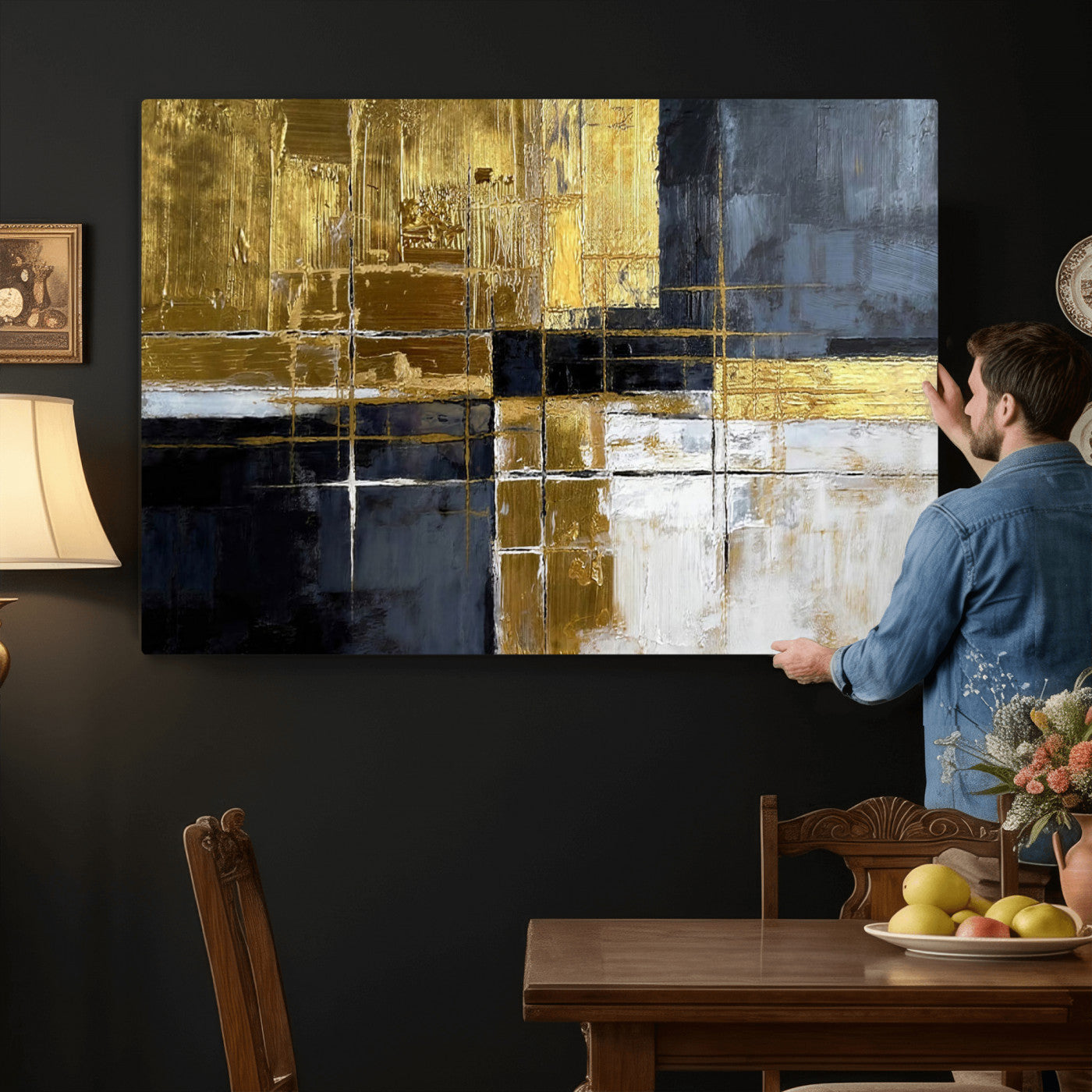 76917030-MGV-CV-36X24 - Gold Navy Abstract Wall Art Canvas Print, Modern Luxury Geometric Painting Wall Decor for Living Room and Office