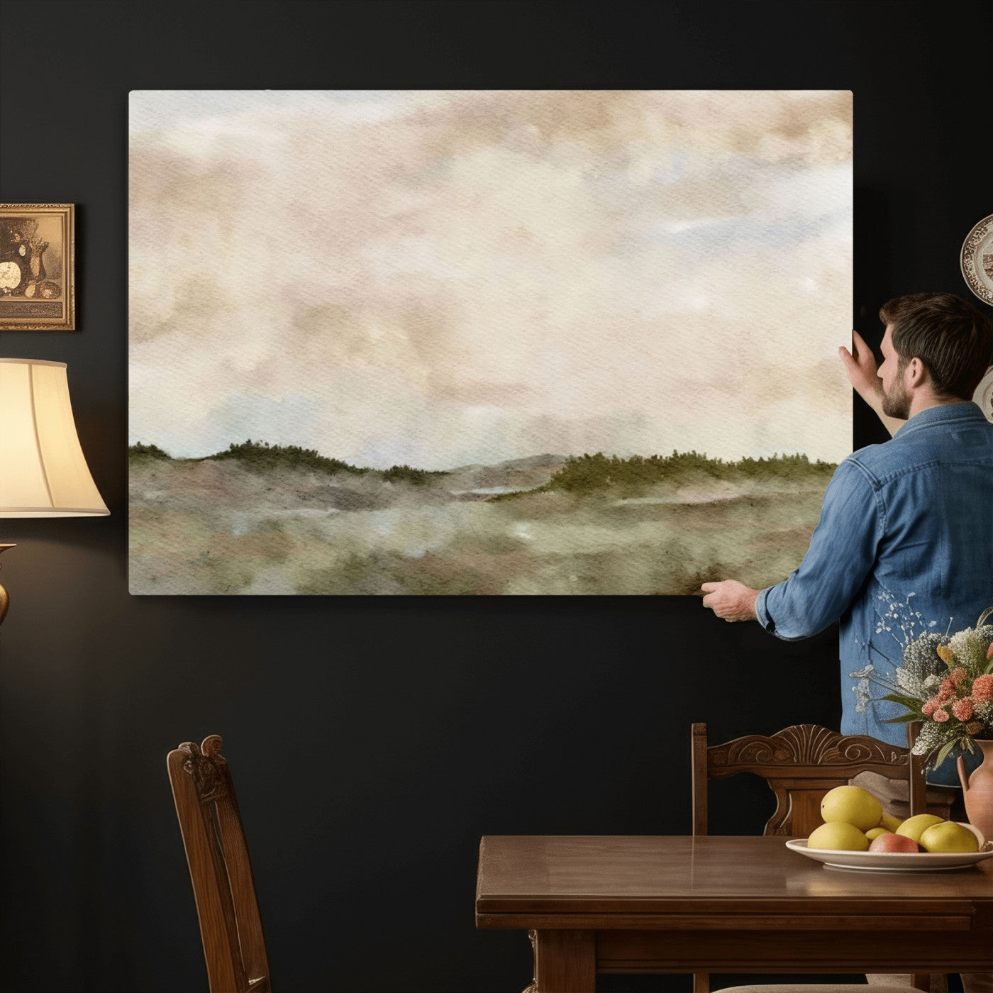 13578069-MGV-CV-36X24 - Abstract Landscape Wall Art Canvas Print, Watercolor Pastoral Landscape Painting Wall Decor for Modern Farmhouse Interiors