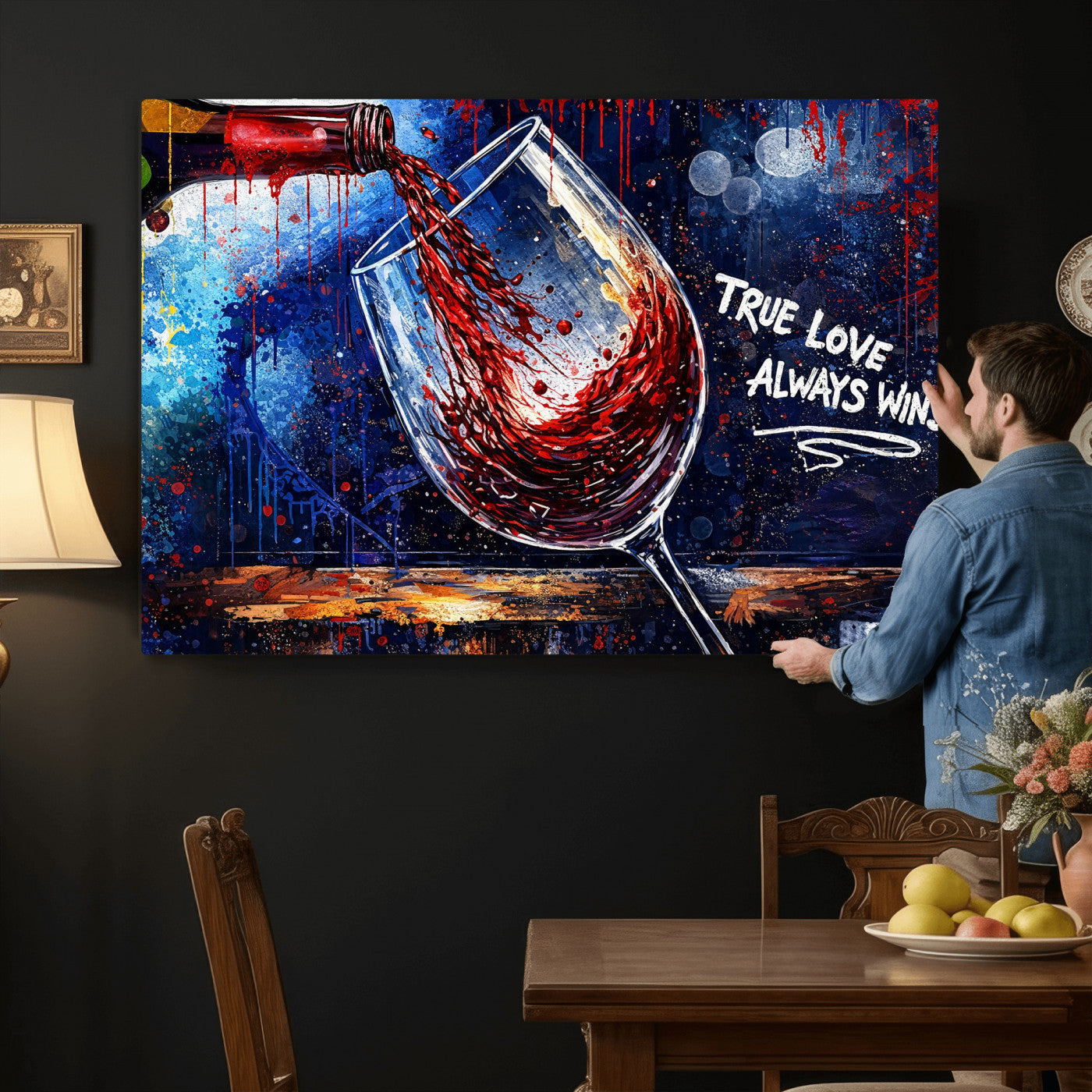 88788932-MGV-CV-36X24 - Red Wine Splash Abstract Wall Art Canvas Print, Modern Wine Glass Painting Canvas Print, Romantic Quote Contemporary Bar Art Print