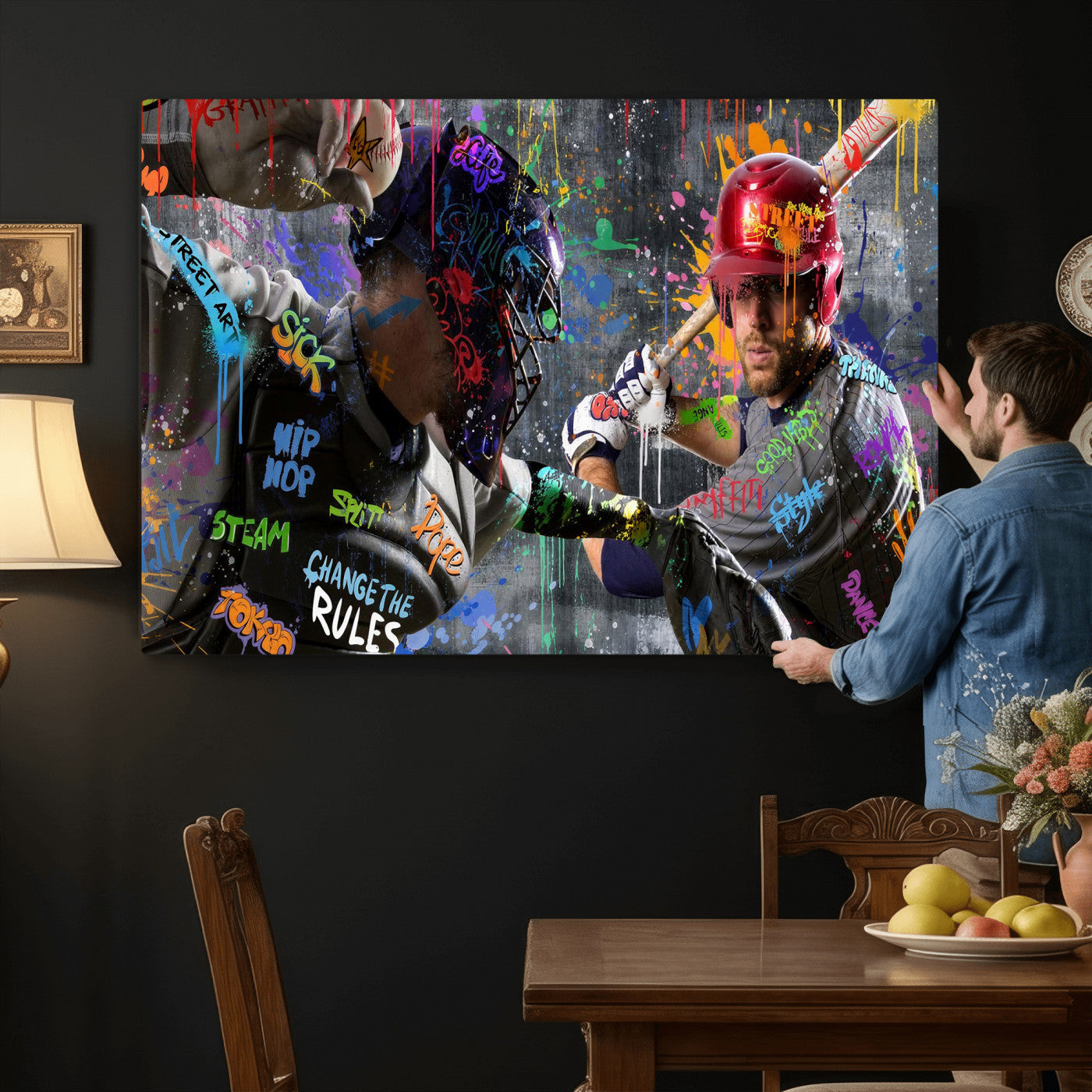 19634994-MGV-CV-36X24 - Graffiti Baseball Player Street Art Wall Art Canvas Print, Urban Sports Pop Art Baseball Canvas Print, Modern Athletic Graffiti Contemporary Art Printing