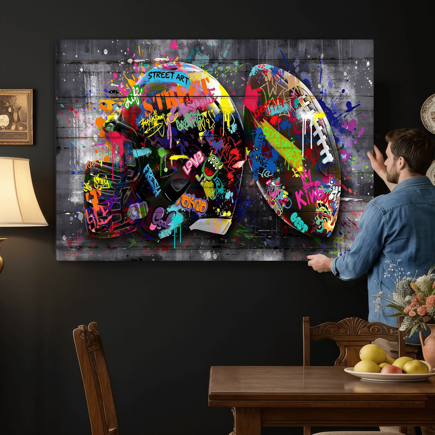 80540773-MGV-CV-36X24 - Graffiti American Football Helmet Street Art Wall Art Canvas Print, Urban Sports Pop Art Football Canvas Print, Colorful Graffiti Sports Contemporary Art Printing