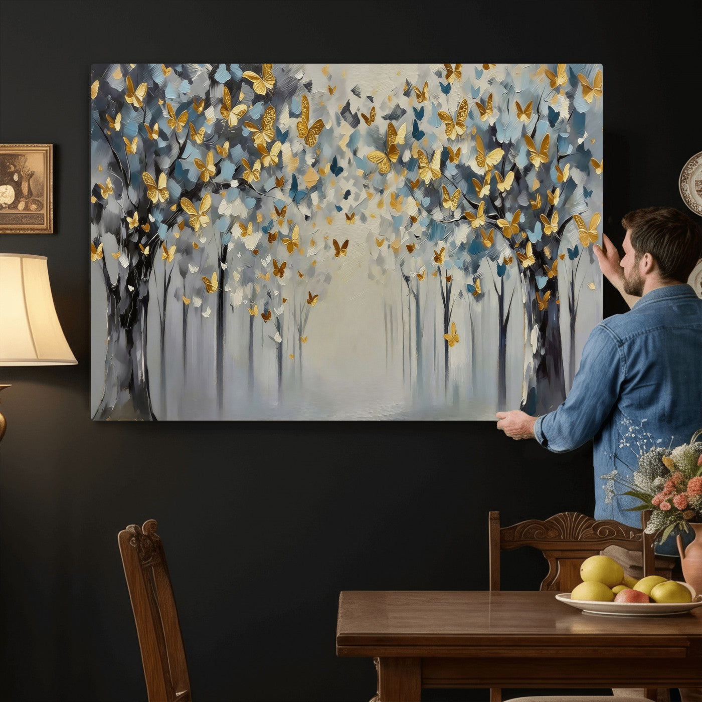 79208191-MGV-CV-36X24 - Golden Butterfly Tree Abstract Wall Art Canvas Print, Modern Elegant Nature Painting Canvas Print, Blue Gold Contemporary Floral Art Printing