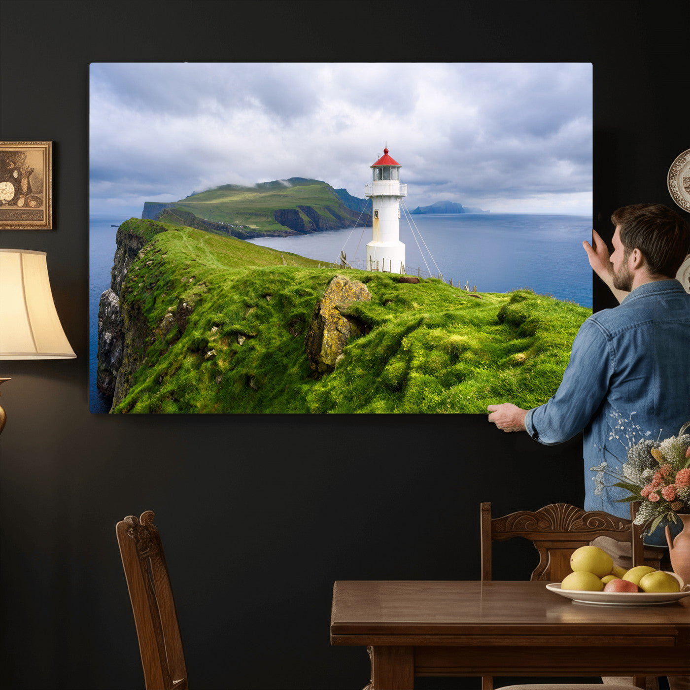 10680390-MGV-CV-36X24 - Coastal Lighthouse Wall Art Canvas Print, Cliffside Ocean Landscape Canvas Print, Scandinavian Coastal Decor for Living Room