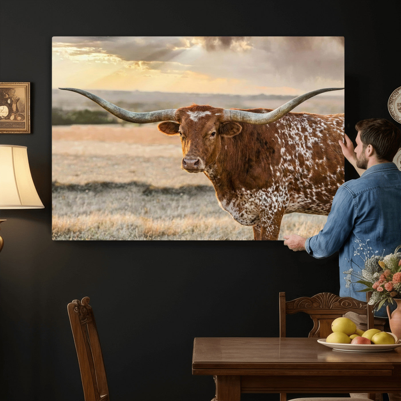 16502384-MGV-CV-36X24 - Texas Longhorn Wall Art Canvas Print, Western Ranch Bull Photography Canvas Print, Rustic Farmhouse Cattle Artwork for Living Room Decor