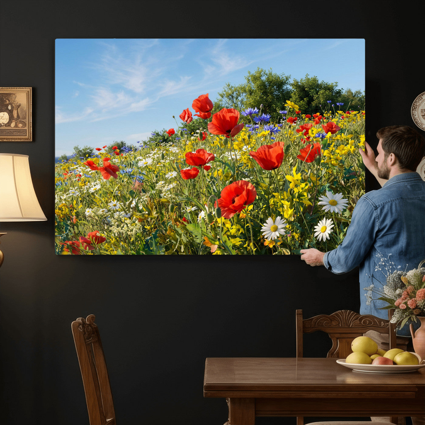 38570784-MGV-CV-36X24 - Wildflower Meadow Wall Art Canvas Print – Colorful Poppy and Daisy Field Landscape Artwork for Living Room Decor