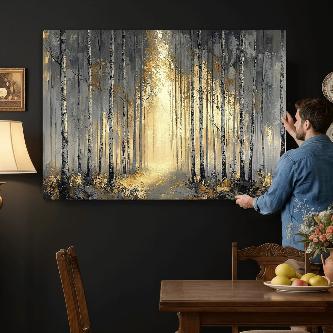 Abstract Birch Forest Wall Art Canvas Print | Modern Gold Gray Woodland Landscape