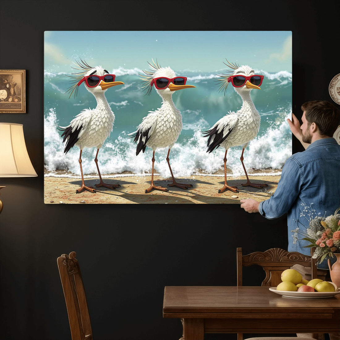 Funny Seagull Wall Art Canvas Print, Beach Birds With Sunglasses