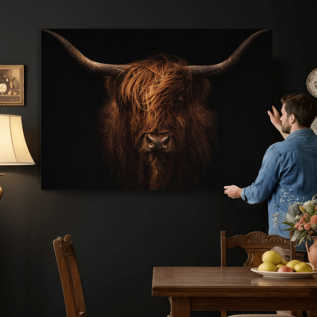 Highland Cow Wall Art Canvas Print | Moody Dark Rustic Farmhouse Portrait