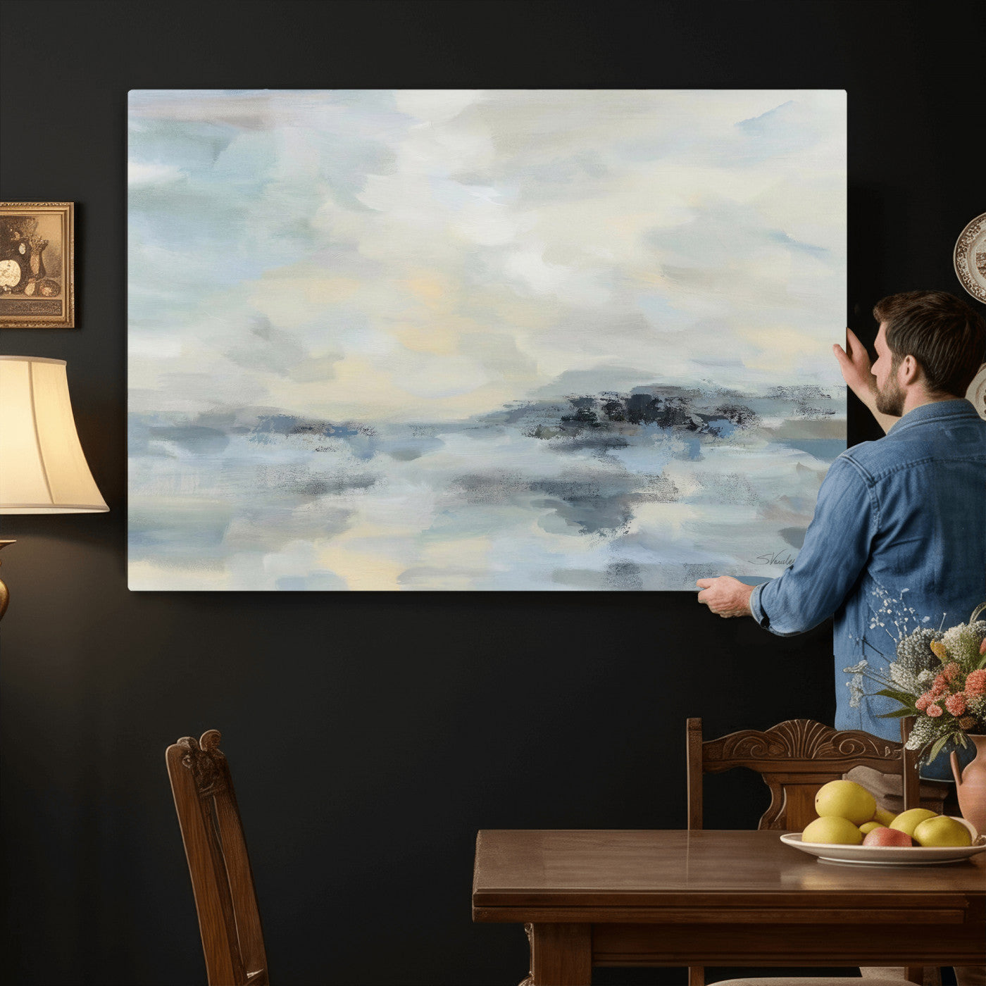 24647355-MGV-CV-36X24 - Abstract Coastal Landscape Wall Art Canvas Print – Soft Blue Gray Minimalist Painting