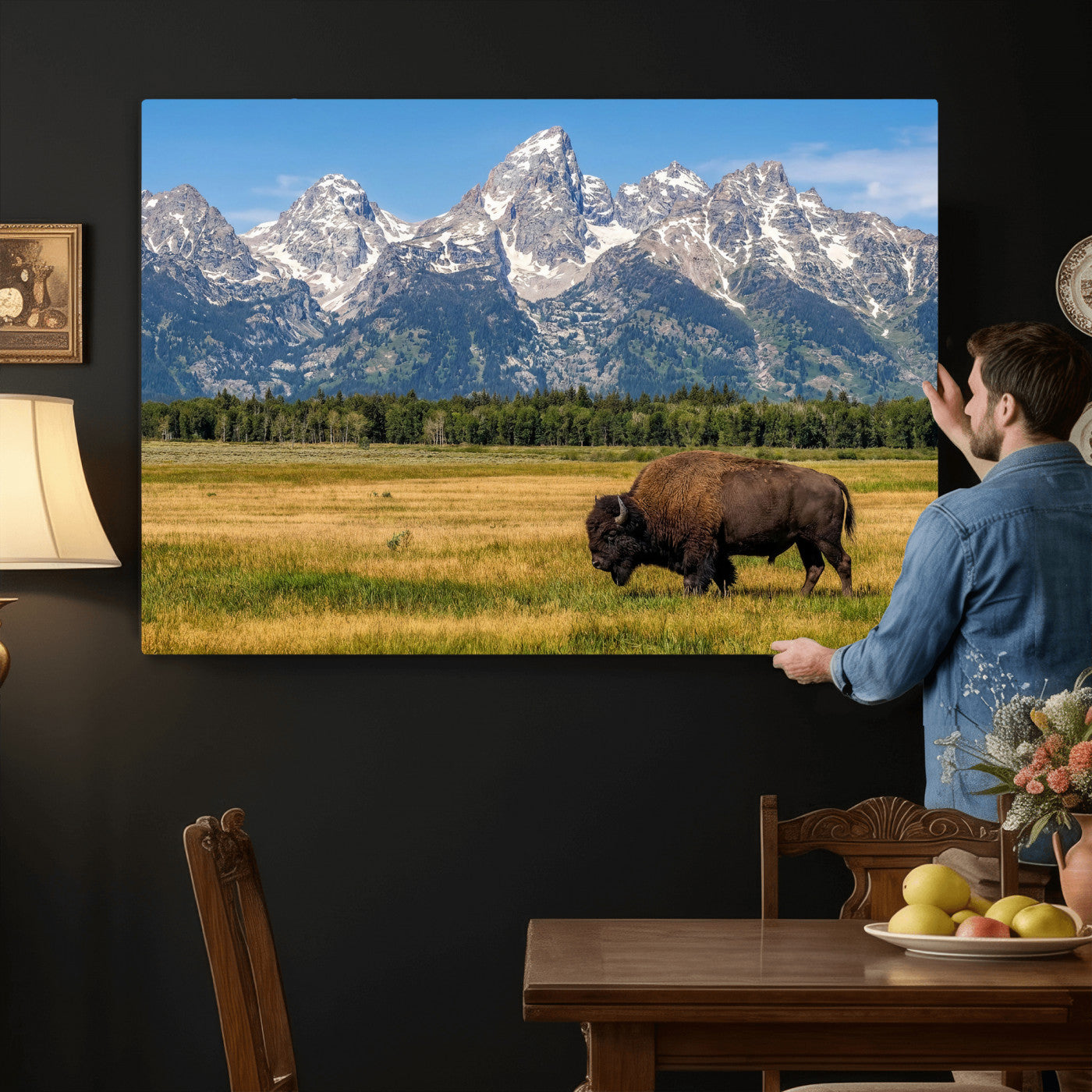 20424529-MGV-CV-36X24 - Bison in Mountain Landscape Wall Art Canvas Print – Western Wildlife Artwork for Rustic Living Room Decor