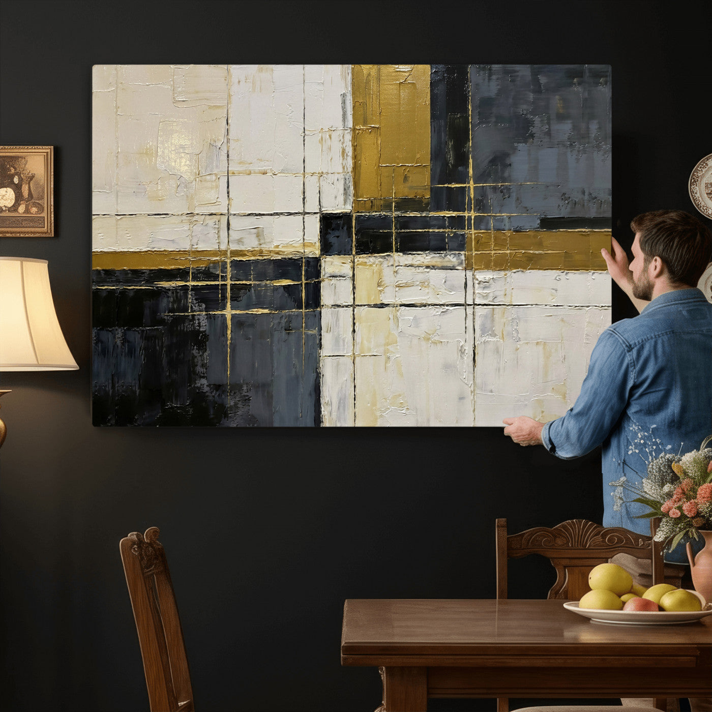 36097945-MGV-CV-36X24 - Abstract Gold and Black Wall Art Canvas Print – Modern Geometric Neutral Artwork for Living Room Decor