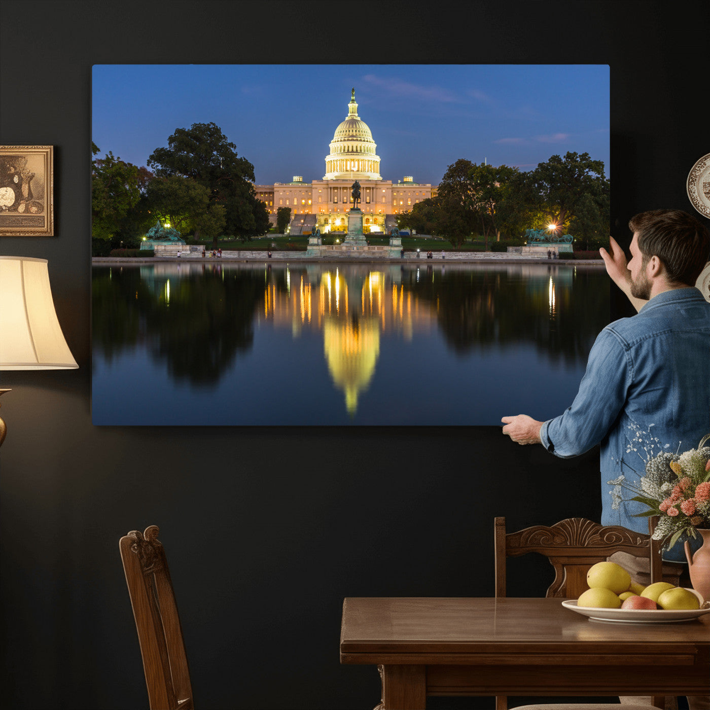 95568590-MGV-CV-36X24 - US Capitol Building Wall Art Canvas Print – Washington DC Landmark Night Reflection Artwork for Office Decor