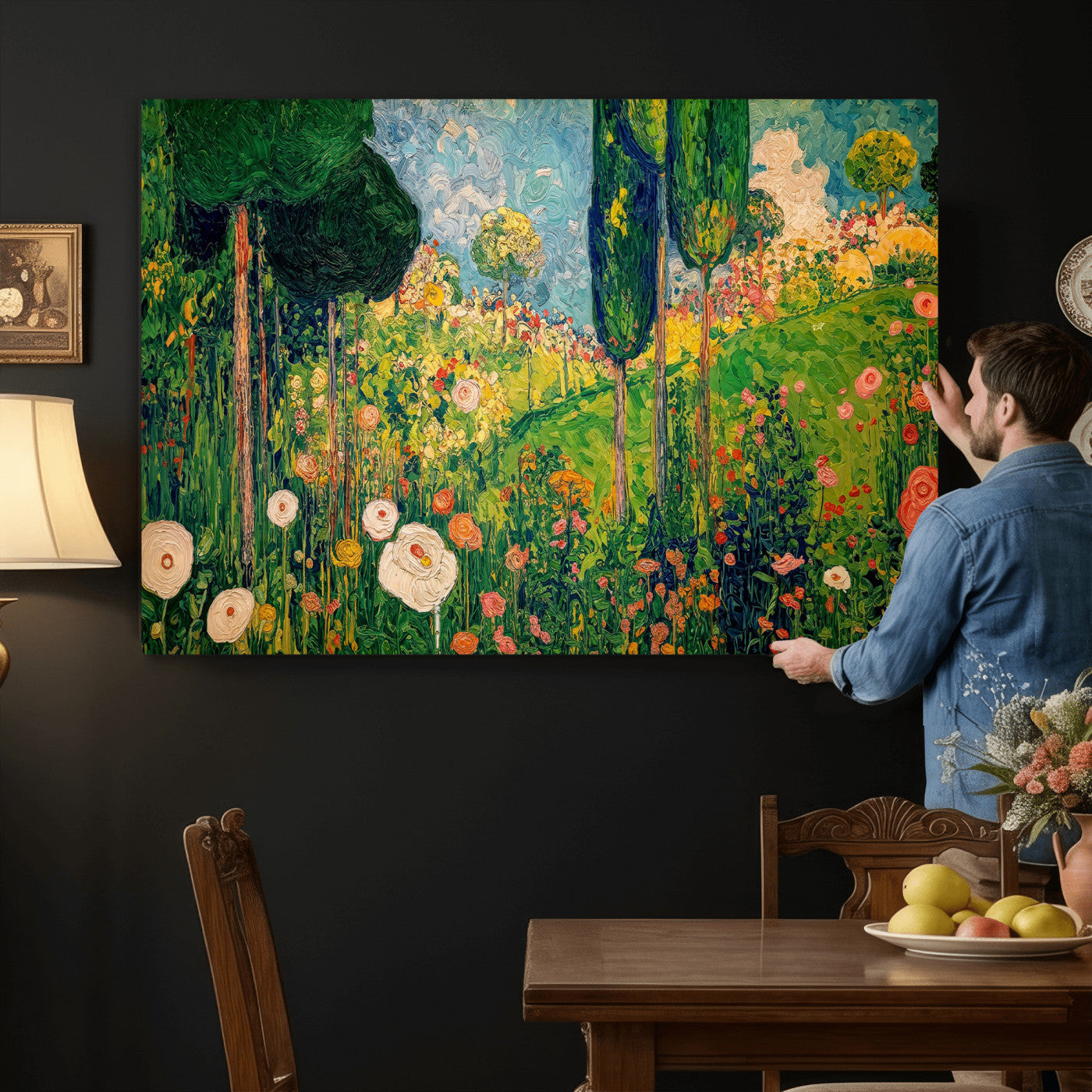 83517974-MGV-CV-36X24 - Gustav Klimt Boho Mountain Landscape Large Wall Art, Horizontal Gold Framed Canvas Print with Sun and Flowers