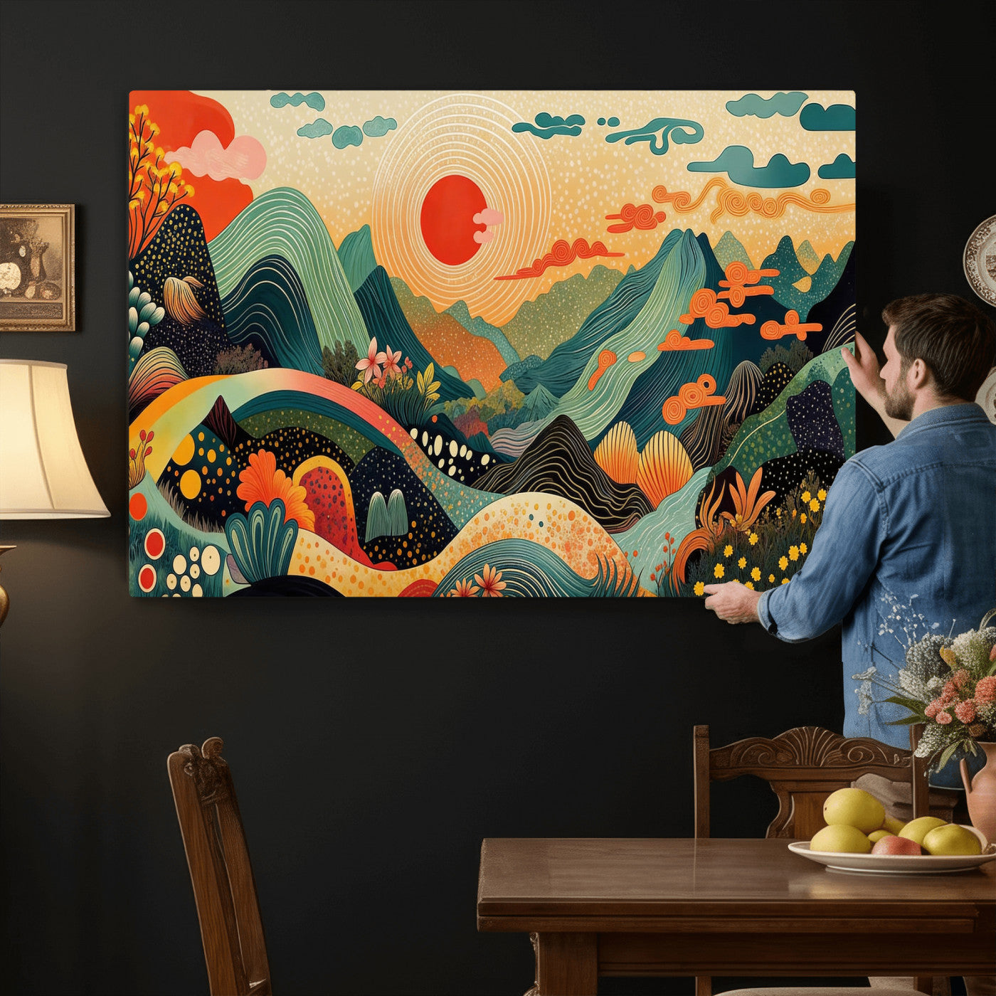 29927191-MGV-CV-36X24 - Yayoi Kusama Boho Mountain Landscape Large Wall Art, Horizontal Gold Framed Canvas Print with Sun and Flowers