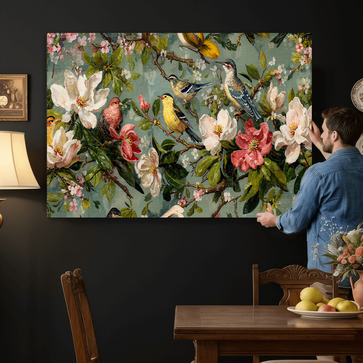 77883606-MGV-CV-36X24 - Vintage Birds and Flowers Wide Wall Art: Extra Large Panoramic Botanical Print