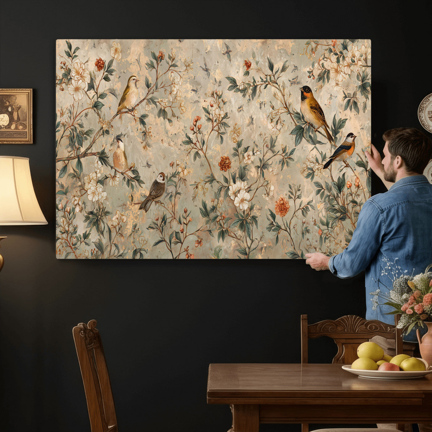 76588438-MGV-CV-36X24 - Vintage Birds and Flowers Wall Art Canvas Print, Botanical Bird Painting Canvas Print, Floral Garden Bird Artwork Canvas Print, Classic Bird Flower Painting Canvas Print