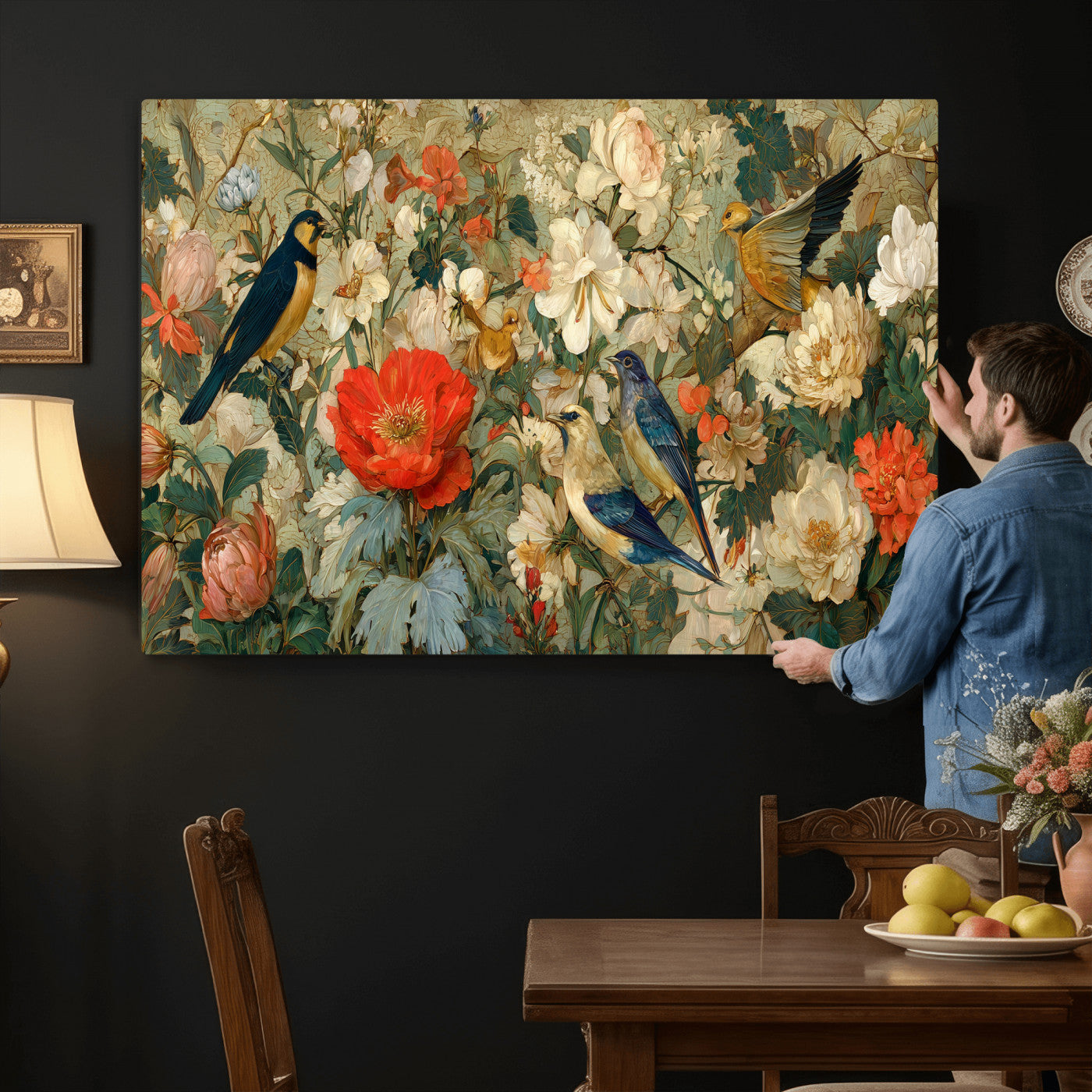 52904757-MGV-CV-36X24 - Vintage Birds and Flowers Wall Art Canvas Print, Botanical Bird Painting Canvas Print, Floral Garden Bird Artwork Canvas Print, Classic Bird Flower Painting Canvas Print