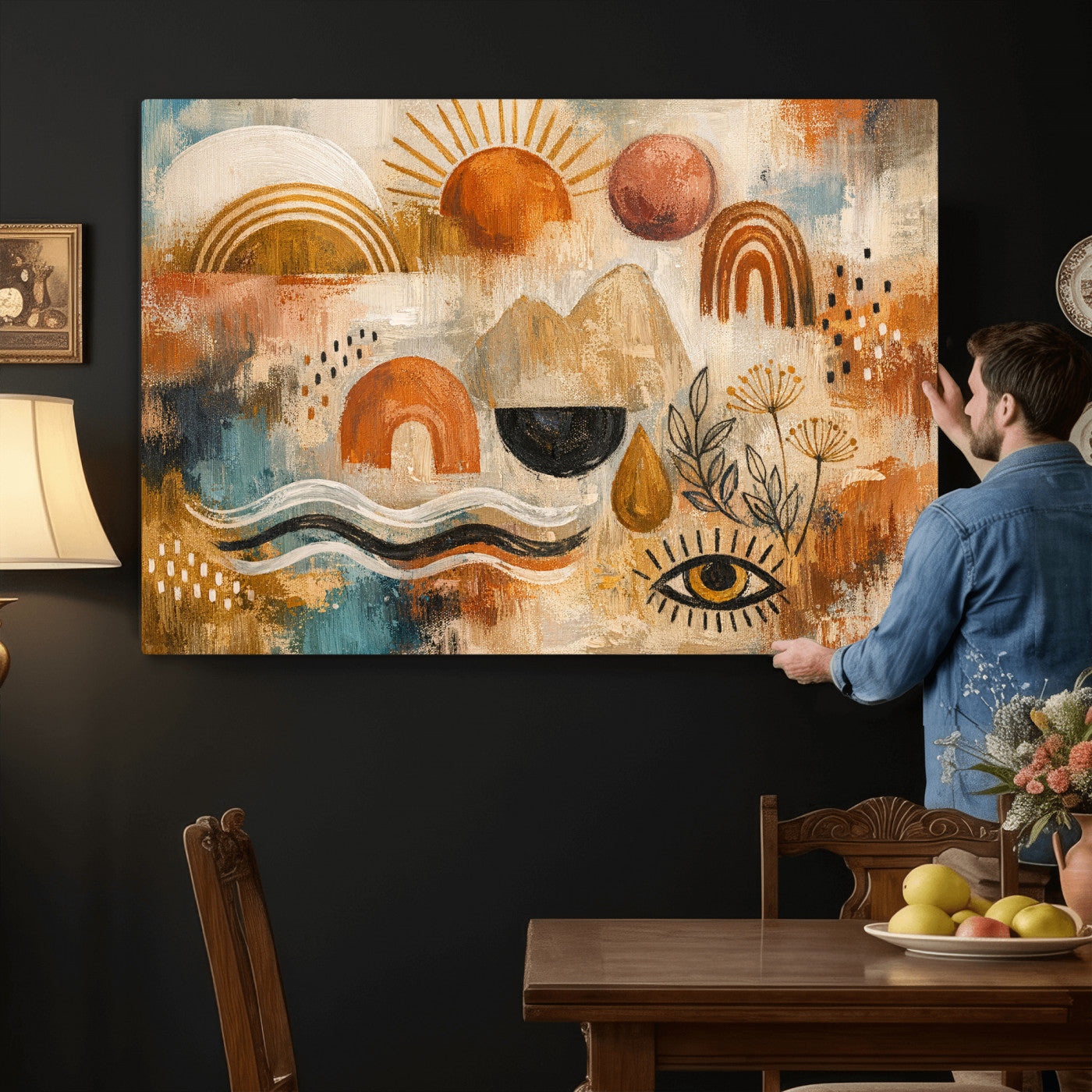 52155239-MGV-CV-36X24 - Geometric Boho Abstract Wall Art Canvas Print, Orange Blue Abstract Expressionist Painting Print, Modern Geometric Abstract Canvas Art