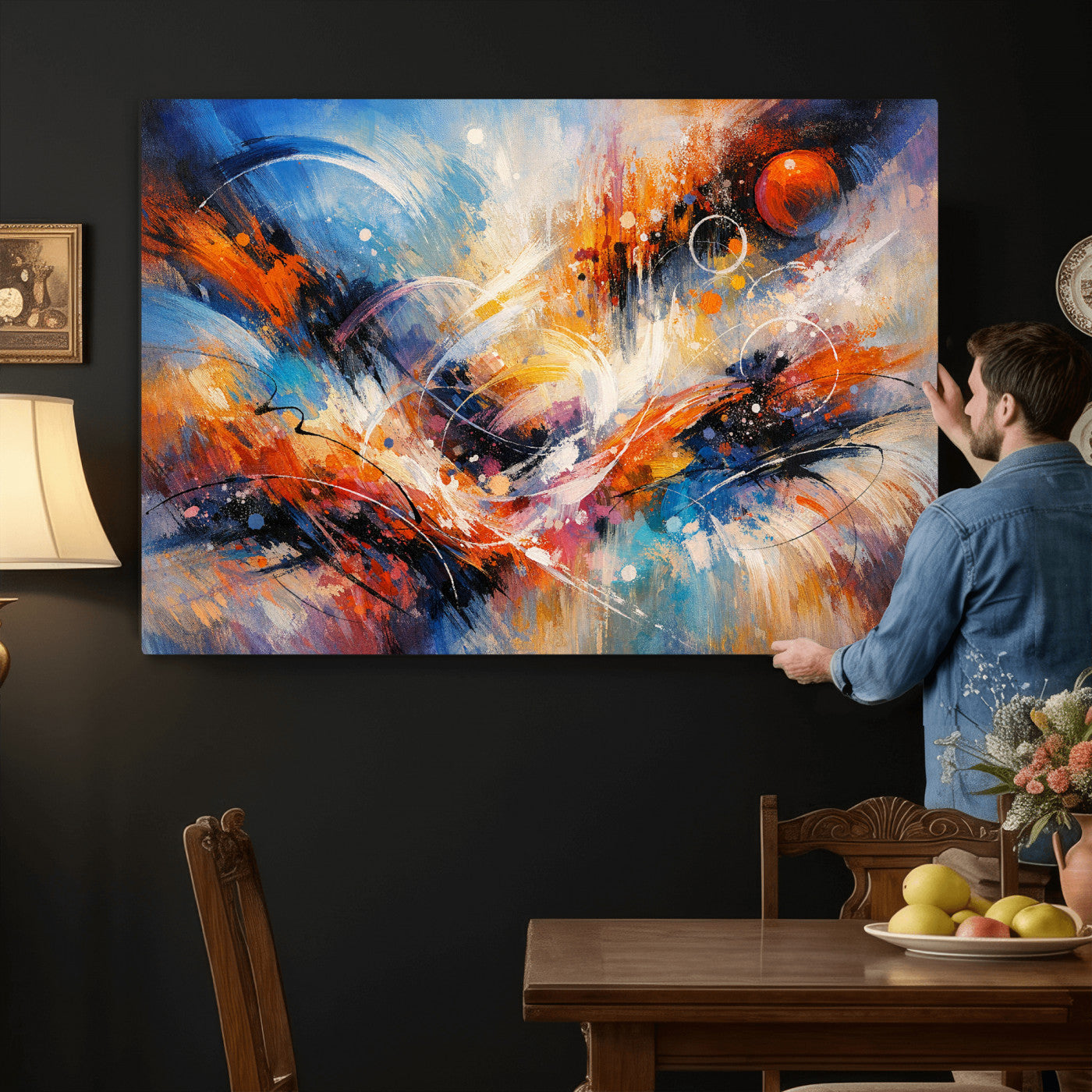 47770355-MGV-CV-36X24 - Geometric Abstract Wall Art Canvas Print, Orange Blue Abstract Expressionist Painting Print, Modern Geometric Abstract Canvas Art