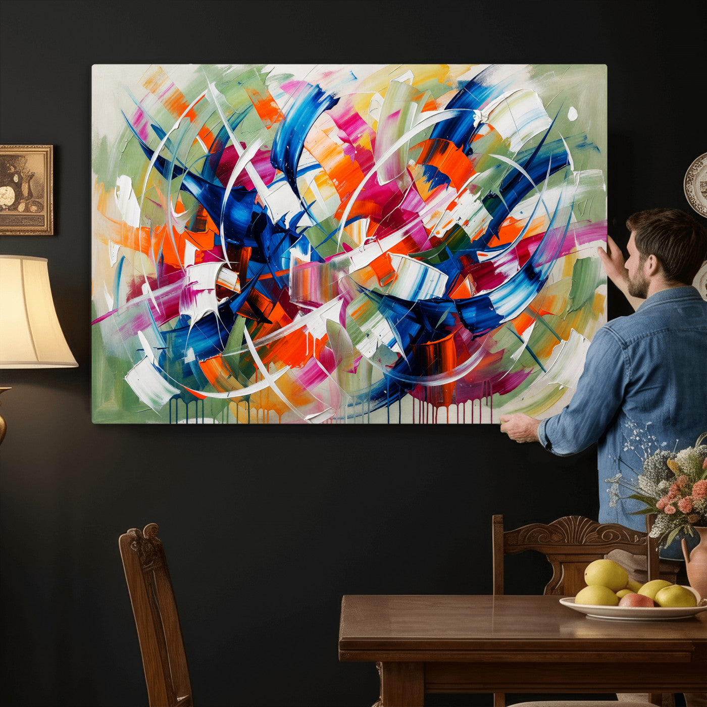 15032888-MGV-CV-36X24 - Geometric Abstract Wall Art Canvas Print, Orange Blue Abstract Expressionist Painting Print, Modern Geometric Abstract Canvas Art