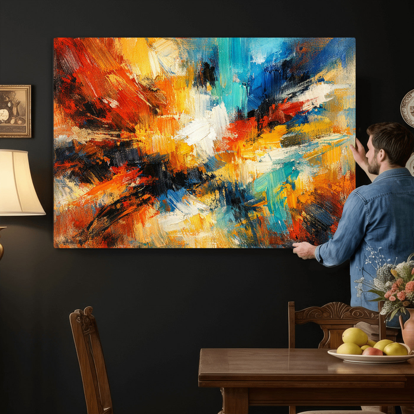 93167583-MGV-CV-36X24 - Geometric Abstract Wall Art Canvas Print, Orange Blue Abstract Expressionist Painting Print, Modern Geometric Abstract Canvas Art