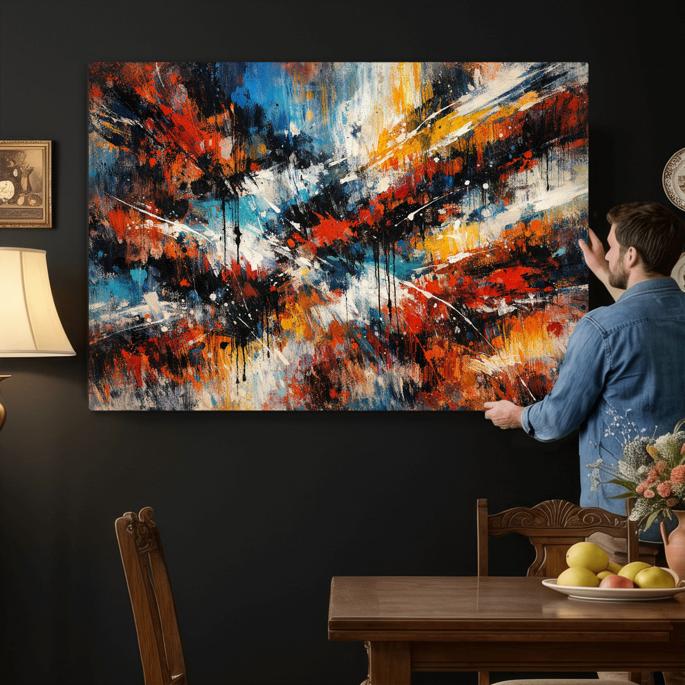 80276069-MGV-CV-36X24 - Geometric Abstract Wall Art Canvas Print, Orange Blue Abstract Expressionist Painting Print, Modern Geometric Abstract Canvas Art