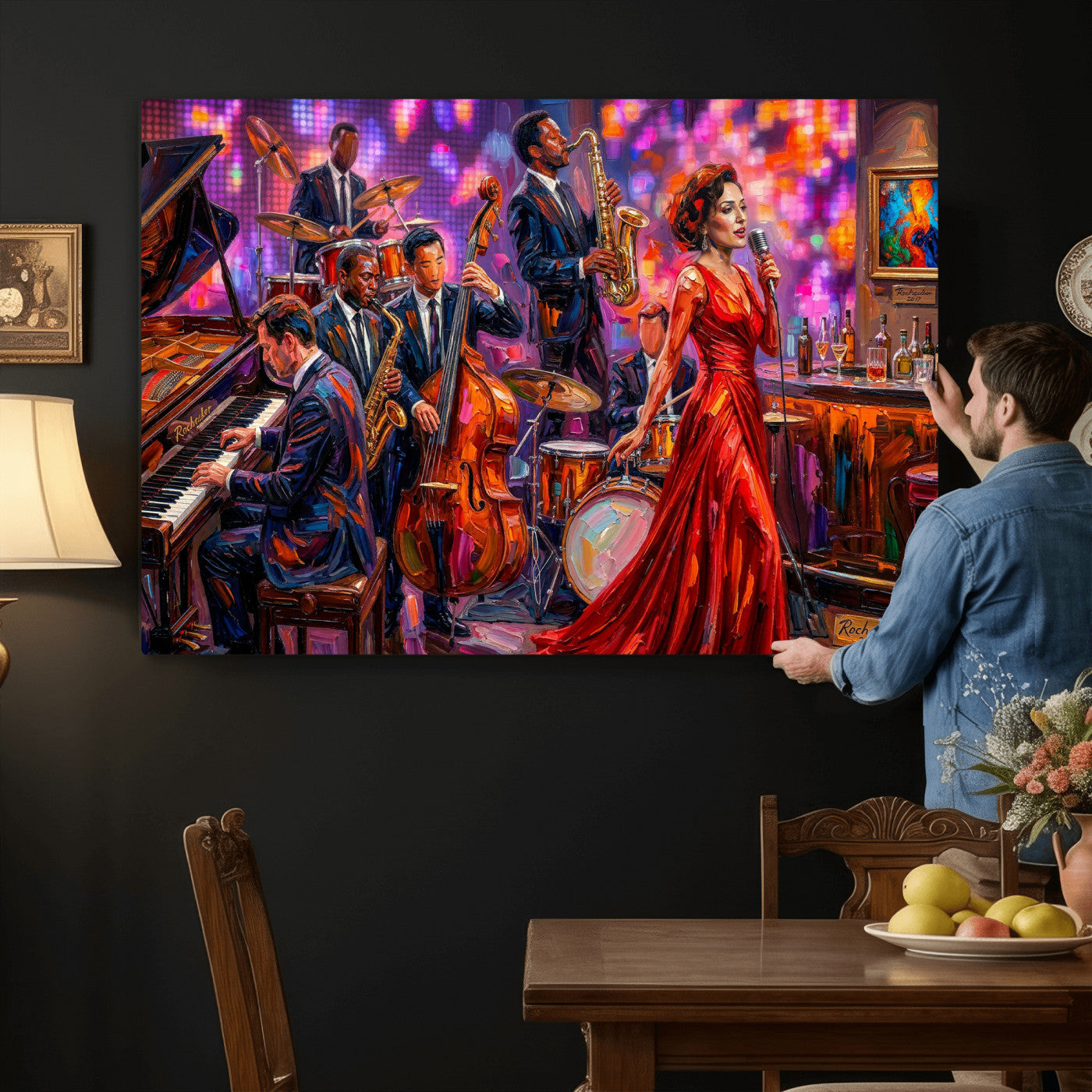 620930J20-MGV-CV-36X24 - Jazz Band Canvas Wall Art — Jazz Club Singer Saxophone Print | Music Wall Decor | Bar Restaurant Art | Music Lover Gift | Jazz Home Decor