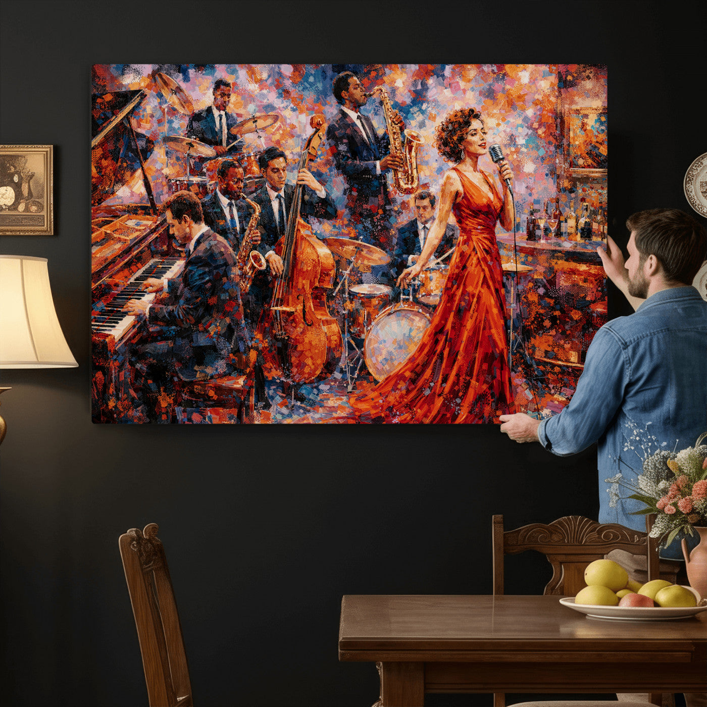 620930SF20-MGV-CV-36X24 - Jazz Band Canvas Wall Art — Jazz Club Singer Saxophone Print | Music Wall Decor | Bar Restaurant Art | Music Lover Gift | Jazz Home Decor