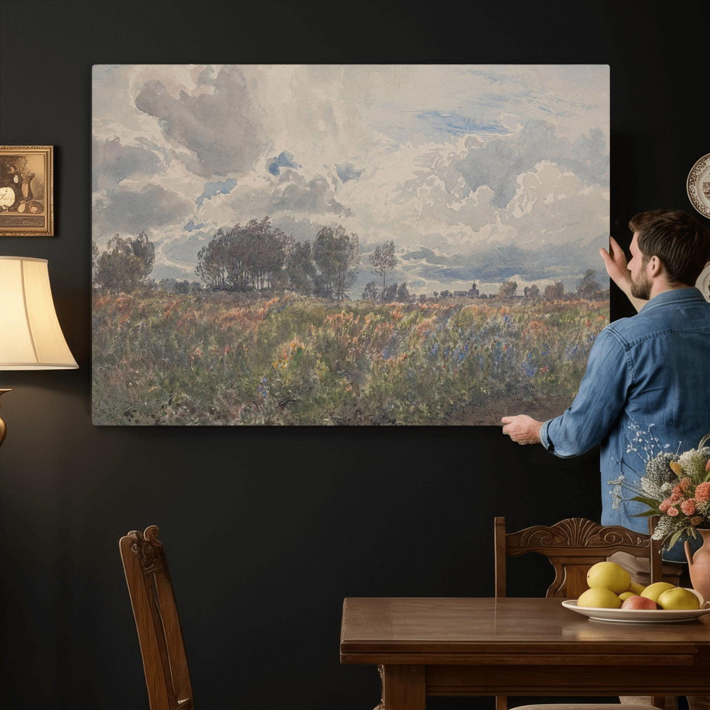 76626885-MGV-CV-36X24 - Vintage Watercolor Meadow Canvas Wall Art — English Pastoral Wildflower Storm Sky Print | Cottagecore Nature Decor | Classic Landscape Gift