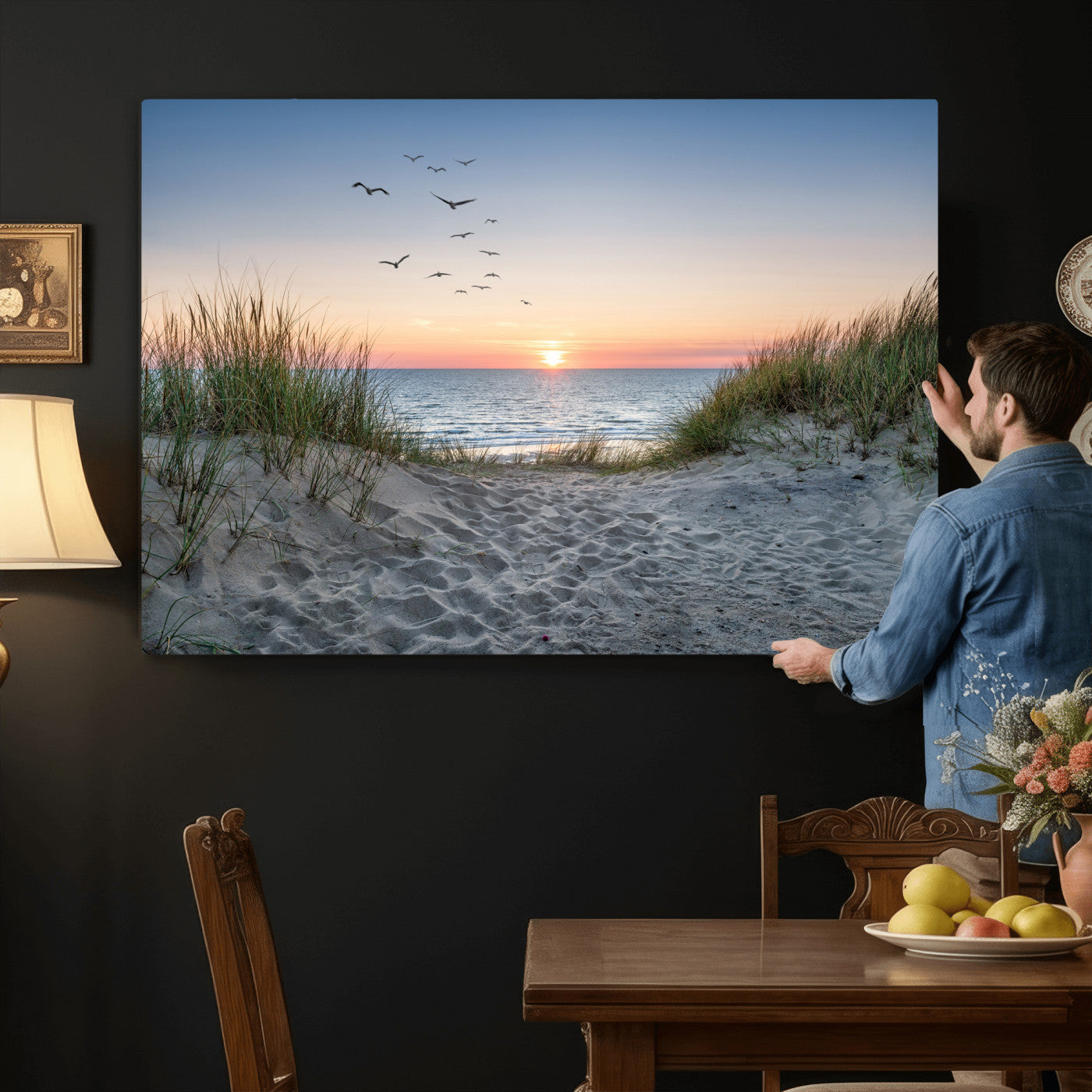 12172032-MGV-CV-36X24 - Sandy Dune Path Sunset Canvas Wall Art — Seagulls Beach Ocean Photography Print | Coastal Home Decor | Nautical Wall Art | Beach House Gift