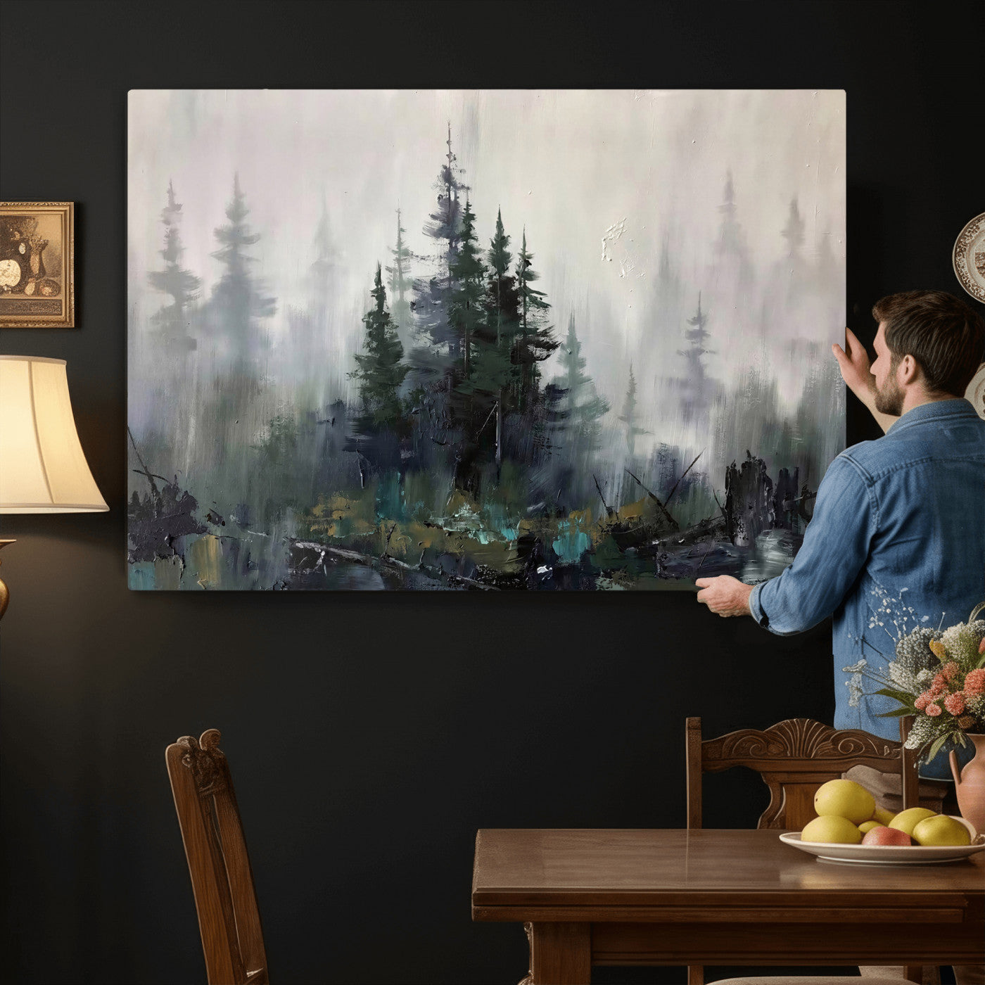 94143325-MGV-CV-36X24 - Misty Pine Forest Oil Painting Canvas — Dark Moody Teal Grey Tree Print | Japandi Scandinavian Wall Art | Minimalist Nature Decor Gift