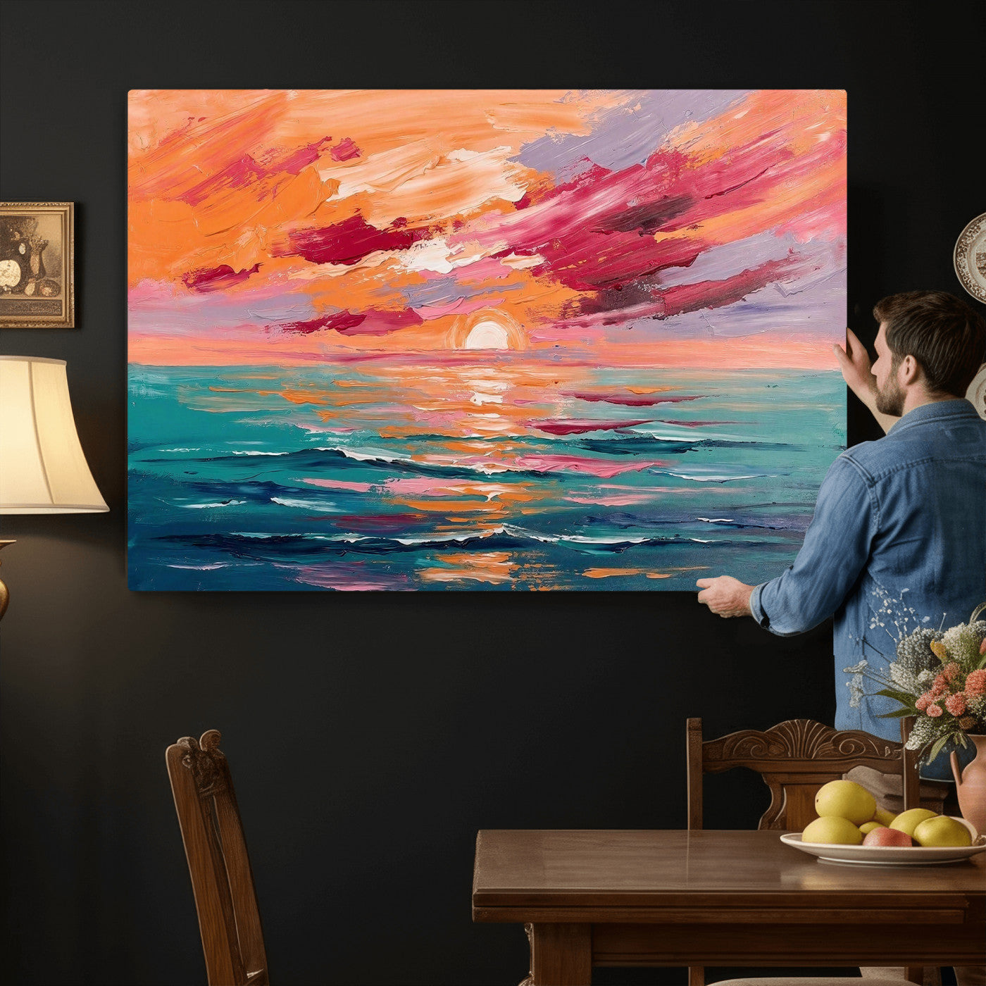 26763902-MGV-CV-36X24 - Bold Palette Knife Ocean Sunset Canvas — Orange Pink Teal Expressionist Sea Print | Colorful Coastal Wall Art | Vibrant Beach Decor Gift