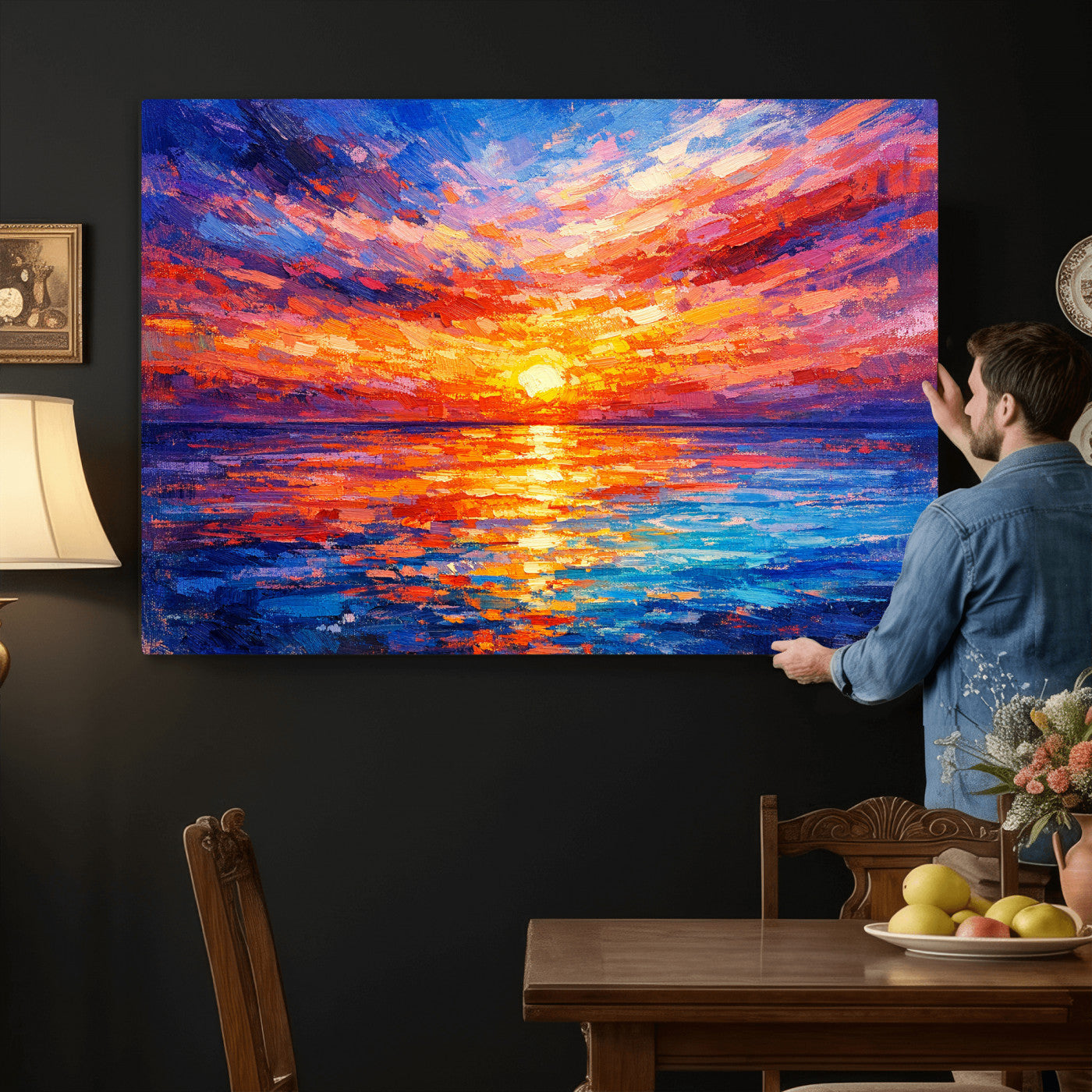 54915078-MGV-CV-36X24 - Colorful Knife Ocean Sunset Canvas — Orange Pink Teal Expressionist Sea Print | Colorful Coastal Wall Art | Vibrant Beach Decor Gift