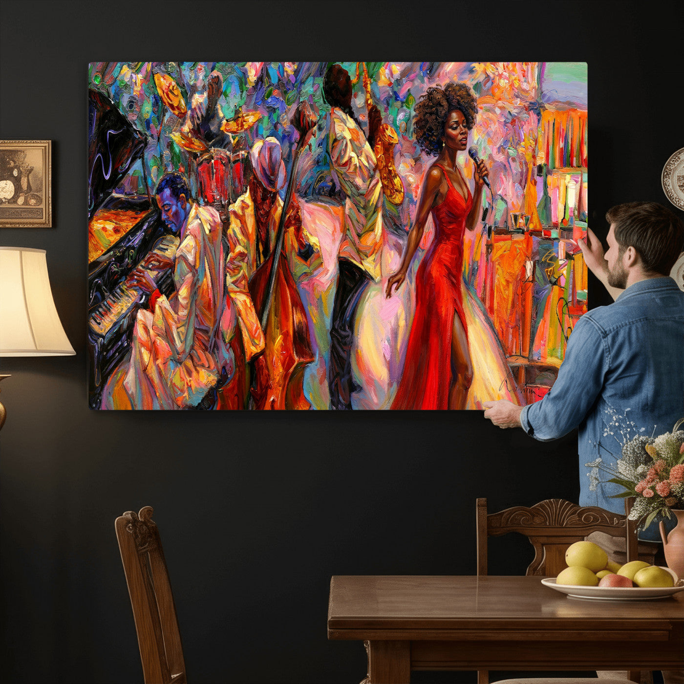 72615137-MGV-CV-36X24 - African American Jazz Singer Canvas Art - Red Dress Black Woman Music Print | Colorful Jazz Band Wall Decor | Living Room Gift for Her