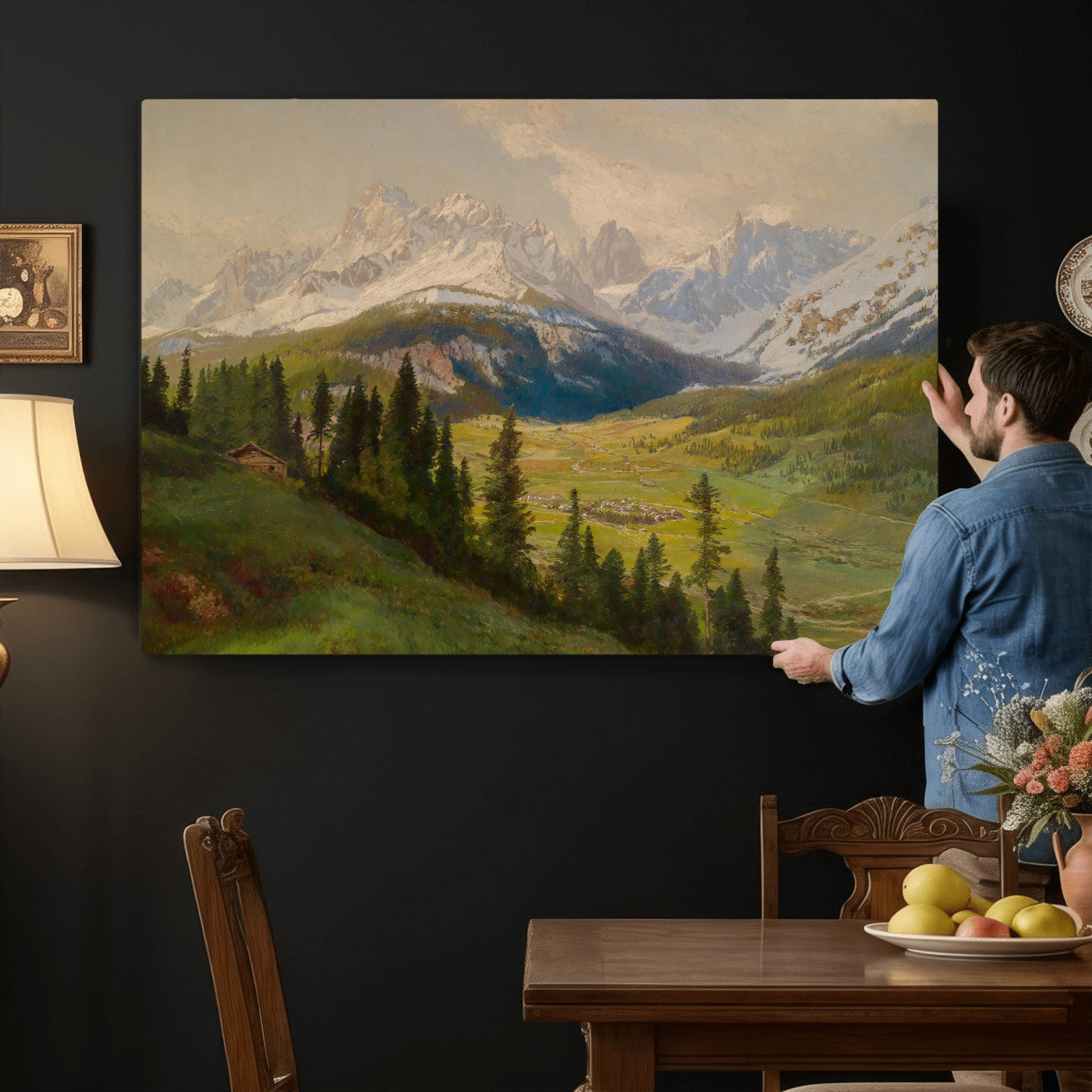 23120262-MGV-CV-36X24 - Konrad Petrides Sexten Village Canvas Print, Alpine Mountain Valley Painting, Dolomites Landscape Art