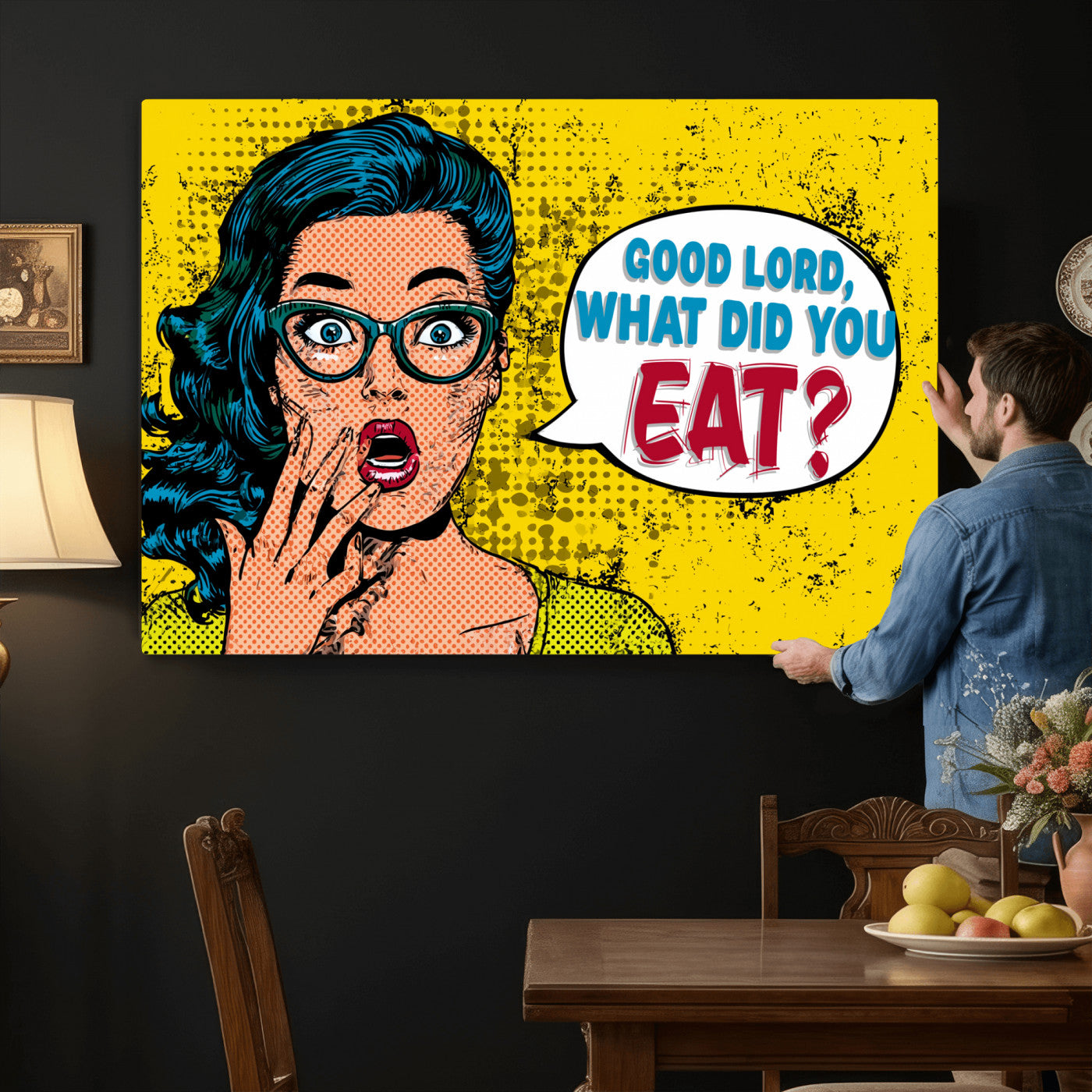 88217969-MGV-CV-36X24 - Pop Art Print Bathroom Sign Wall Art Canvas Print — Funny Bathroom Canvas | Comic Style Toilet Wall Decor | Humor Gift | Yellow Bold Bathroom Art