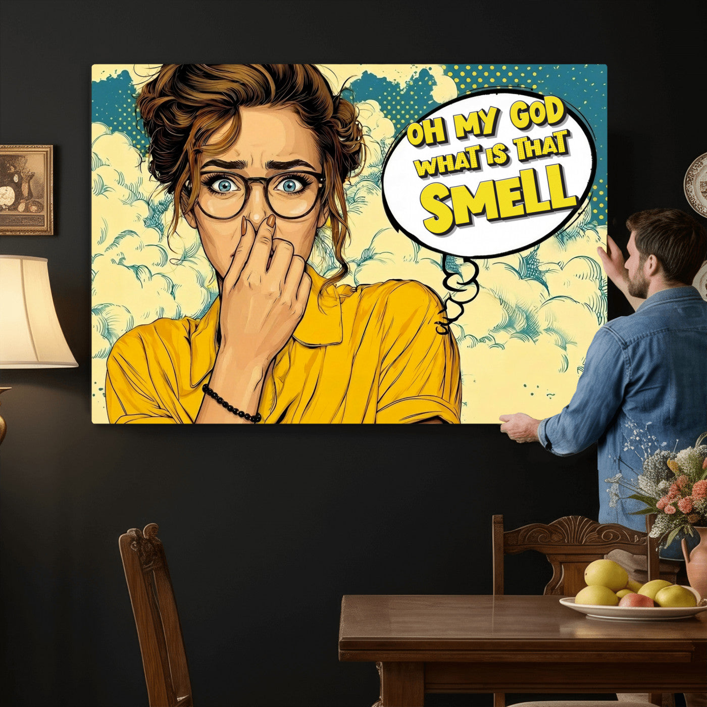 B79156505-MGV-CV-36X24 - Pop Art Print Bathroom Sign Wall Art Canvas Print — Funny Bathroom Canvas | Comic Style Toilet Wall Decor | Humor Gift | What is that Smell