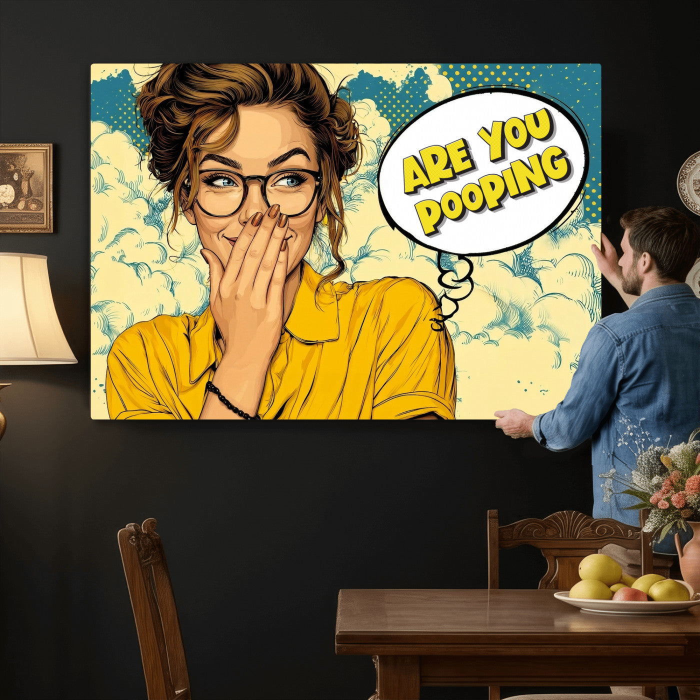 P79156505-MGV-CV-36X24 - Pop Art Print Bathroom Sign Wall Art Canvas Print — Funny Bathroom Canvas | Comic Style Toilet Wall Decor | Humor Gift | Are you Pooping